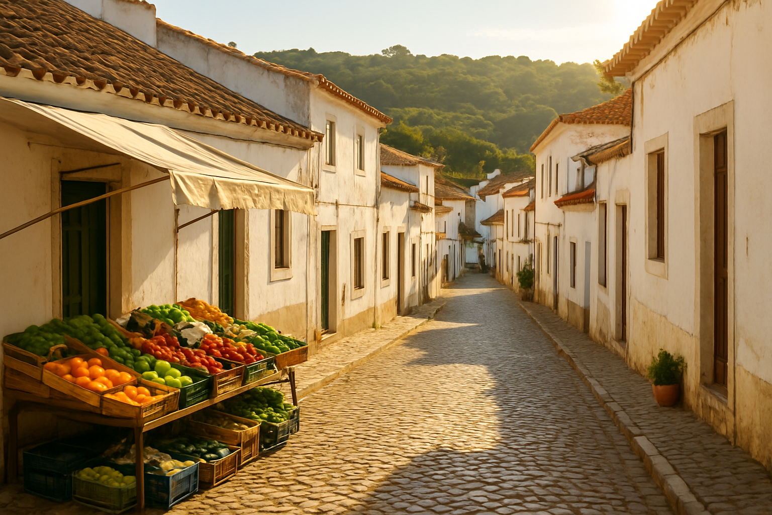 Create a realistic image of a charming, affordable small town in the Algarve region of Portugal, featuring whitewashed traditional buildings with terracotta rooftops lining a quiet cobblestone street, a local market with fresh produce visible in the foreground, warm golden afternoon sunlight casting a inviting glow over the scene, with a relaxed and budget-friendly atmosphere suggesting everyday life away from tourist hotspots, lush green hills or countryside visible in the background, the overall mood conveying value, authenticity, and smart living choices. Absolutely NO text should be in the scene.