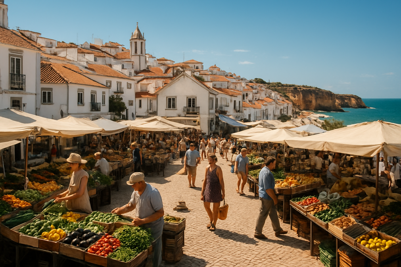 Create a realistic image of a scenic Algarve coastal town in Portugal, showcasing a blend of traditional whitewashed buildings with terracotta rooftops, a bustling local market with fresh produce and goods, and a sunny Mediterranean backdrop with golden cliffs and blue ocean waters visible in the distance, the scene bathed in warm, bright sunlight that captures the vibrant yet everyday lifestyle of the region, conveying a sense of both charm and modern living costs through the lively yet grounded atmosphere of the town square and surrounding landscape. Absolutely NO text should be in the scene.