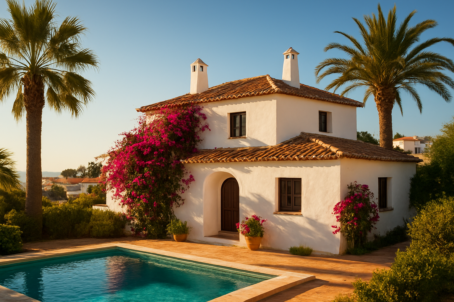 Create a realistic image of a charming whitewashed Algarve villa with terracotta roof tiles and a small private pool, bathed in warm golden afternoon sunlight, surrounded by lush bougainvillea and palm trees, with a serene coastal Portuguese neighborhood visible in the background, conveying an aspirational yet attainable residential lifestyle in southern Portugal, shot from a slight low angle to emphasize the property's appeal, with soft shadows and a clear blue sky overhead. Absolutely NO text should be in the scene.