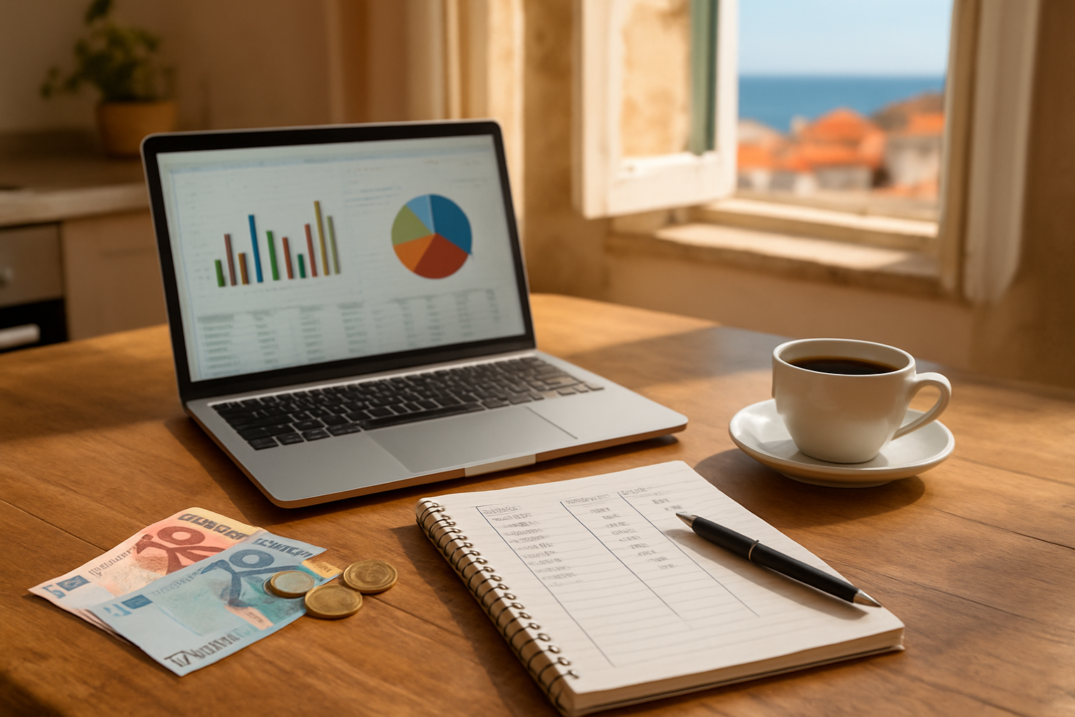 Create a realistic image of a neatly organized monthly budget breakdown spread across a wooden kitchen table in a bright, sunlit Algarve home, featuring a laptop displaying spreadsheet charts, a few euro banknotes and coins, a notepad with handwritten expense columns, and a cup of coffee, with a blurred background showing a warm Portuguese coastal view through an open window, conveying a sense of careful financial planning in a relaxed Mediterranean setting, soft natural daylight illuminating the scene. Absolutely NO text should be in the scene.