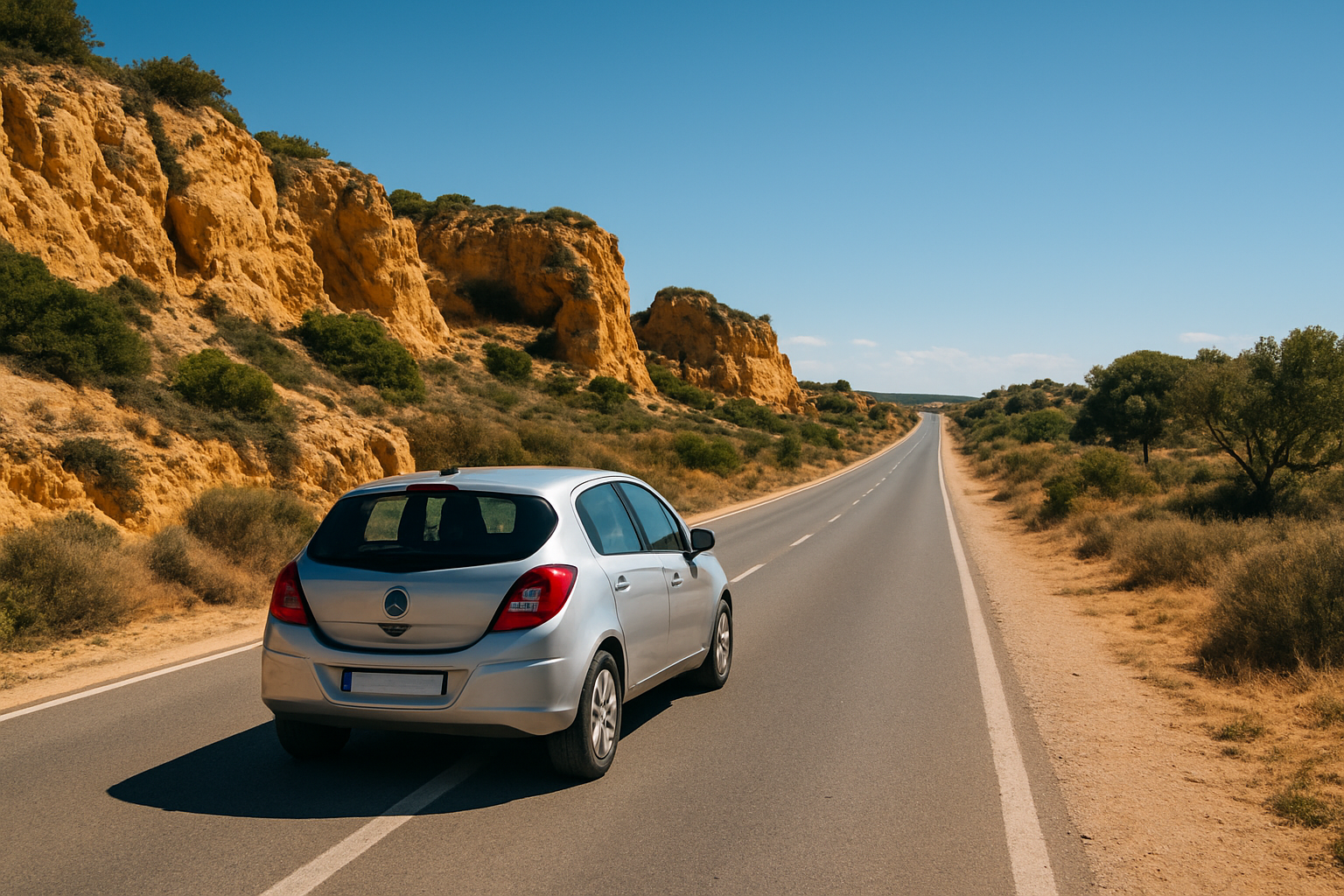 Create a realistic image of a car driving along a scenic Algarve road in southern Portugal, with golden limestone cliffs, sparse Mediterranean vegetation, and a clear blue sky in the background, the road stretching into the distance suggesting a long commute through a rural landscape, warm sunny daylight casting sharp shadows, conveying the sense that personal transportation is essential in this region due to limited public transit options. Absolutely NO text should be in the scene.