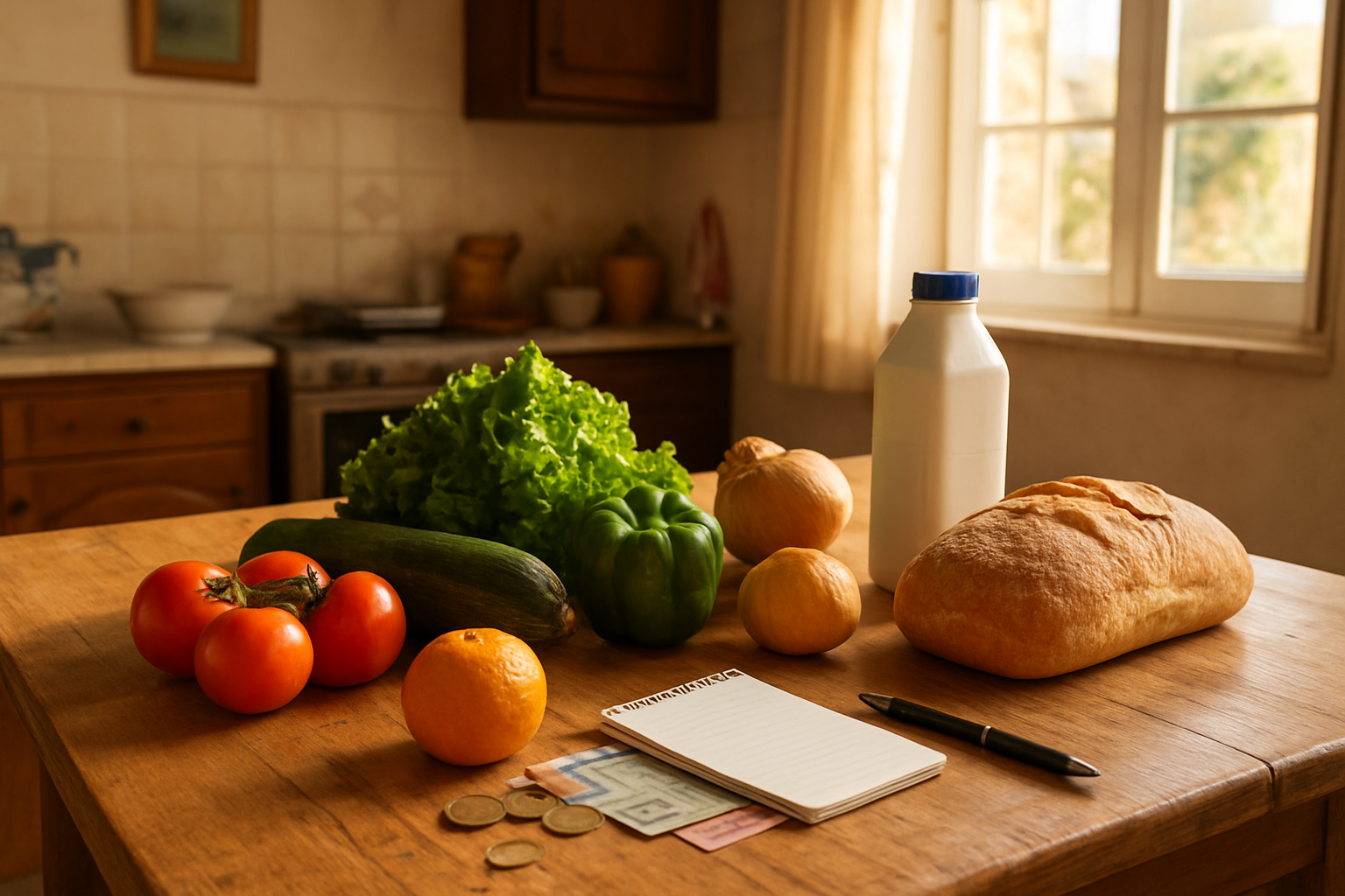 Create a realistic image of a wooden kitchen table in a bright, sunlit Portuguese home in the Algarve, with everyday household items and grocery items spread across it, including fresh vegetables, fruits, a carton of milk, bread, and a few euro coins and banknotes neatly arranged alongside a small notepad and pen, with a warm Mediterranean ambiance, soft natural light streaming through a window, and a cozy, lived-in feel in the background. Absolutely NO text should be in the scene.