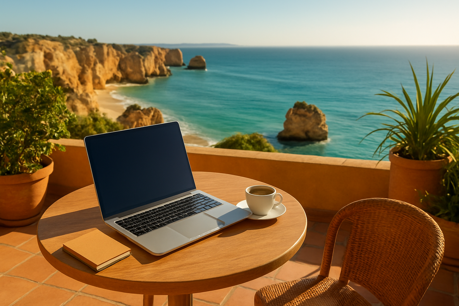 Create a realistic image of a sun-drenched terrace overlooking the golden coastline of the Algarve, Portugal, featuring a stylish outdoor table with a open laptop, a small notebook, and a cup of coffee, set against a breathtaking backdrop of turquoise ocean, rugged limestone cliffs, and clear blue skies, with warm golden afternoon light casting a relaxed and optimistic atmosphere, evoking the feeling of financial clarity and a fulfilling Mediterranean lifestyle, lush potted plants framing the terrace edges, the overall mood being serene, aspirational, and inviting. Absolutely NO text should be in the scene.