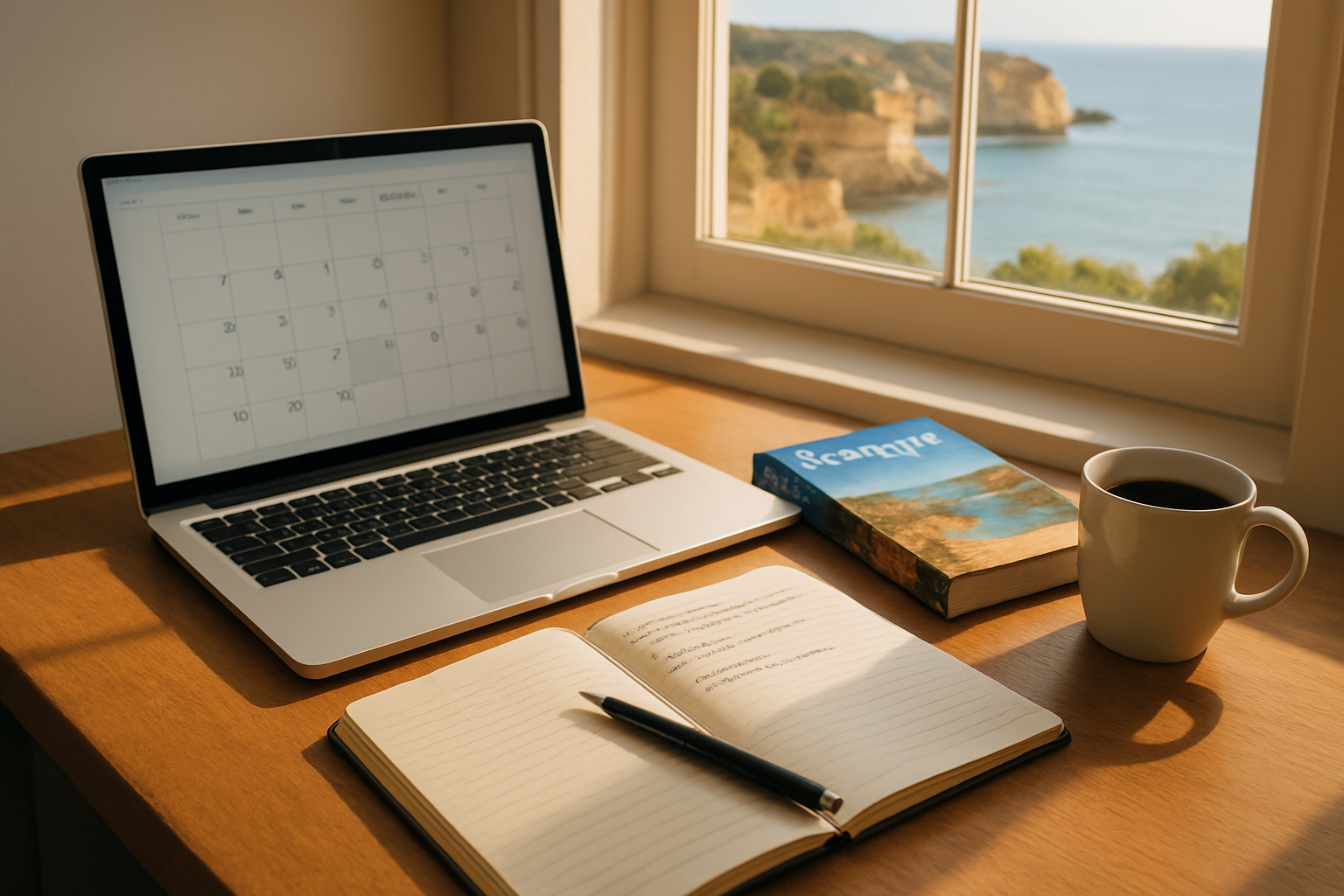 Create a realistic image of a neatly organized travel planning setup on a wooden desk, featuring an open laptop displaying a calendar, a travel guidebook about Portugal, a passport, a notebook with handwritten notes, and a cup of coffee, with a sunny Algarve coastal scene visible through a nearby window, warm natural light streaming in, creating a focused yet inviting planning atmosphere, Absolutely NO text should be in the scene.