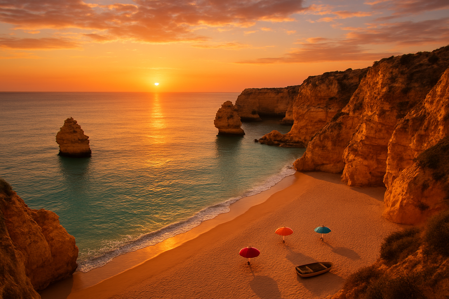 Create a realistic image of a breathtaking panoramic view of the Algarve coastline in Portugal during golden hour, featuring dramatic golden limestone cliffs, a pristine sandy beach with calm turquoise waters, and a warm glowing sunset casting rich amber and orange hues across the sky and sea, with a few colorful beach umbrellas and a small wooden boat resting near the shoreline, evoking a sense of timeless beauty, tranquility, and irresistible charm that makes visitors want to stay forever, shot from a slightly elevated vantage point to capture both the cliffs and the ocean horizon, with soft cinematic lighting and a warm inviting atmosphere. Absolutely NO text should be in the scene.
