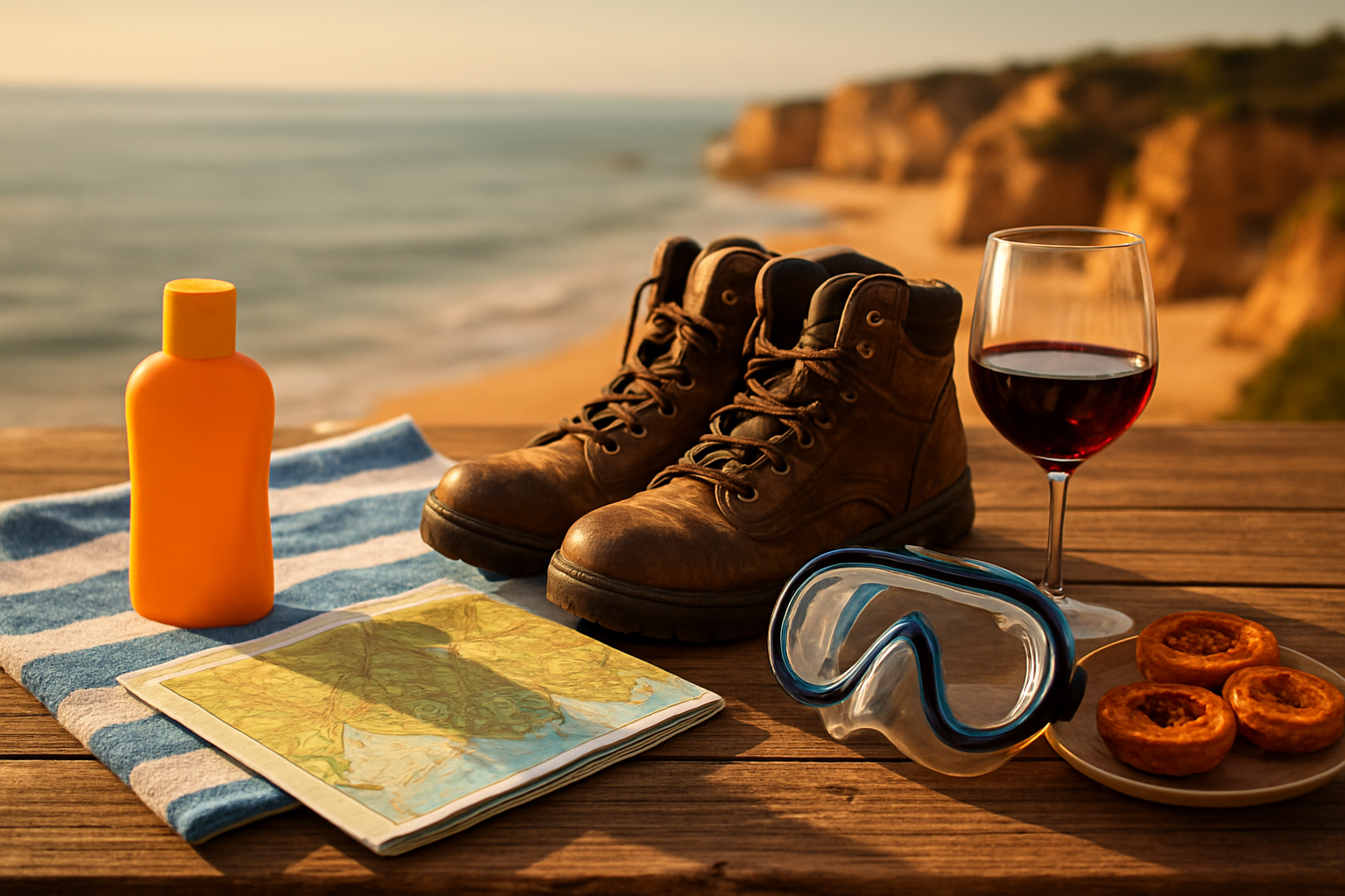 Create a realistic image of a split-scene collage-style flat lay showing different Algarve activities arranged on a rustic wooden surface, featuring a beach towel and sunscreen representing summer sunbathing, a hiking map and boots for trail adventures, a snorkeling mask for water activities, and a cozy wine glass with local pastries for off-season relaxation, with warm golden Mediterranean light illuminating the scene, conveying a sense of choice and seasonal variety, with a soft blurred coastal Algarve landscape visible in the background. Absolutely NO text should be in the scene.