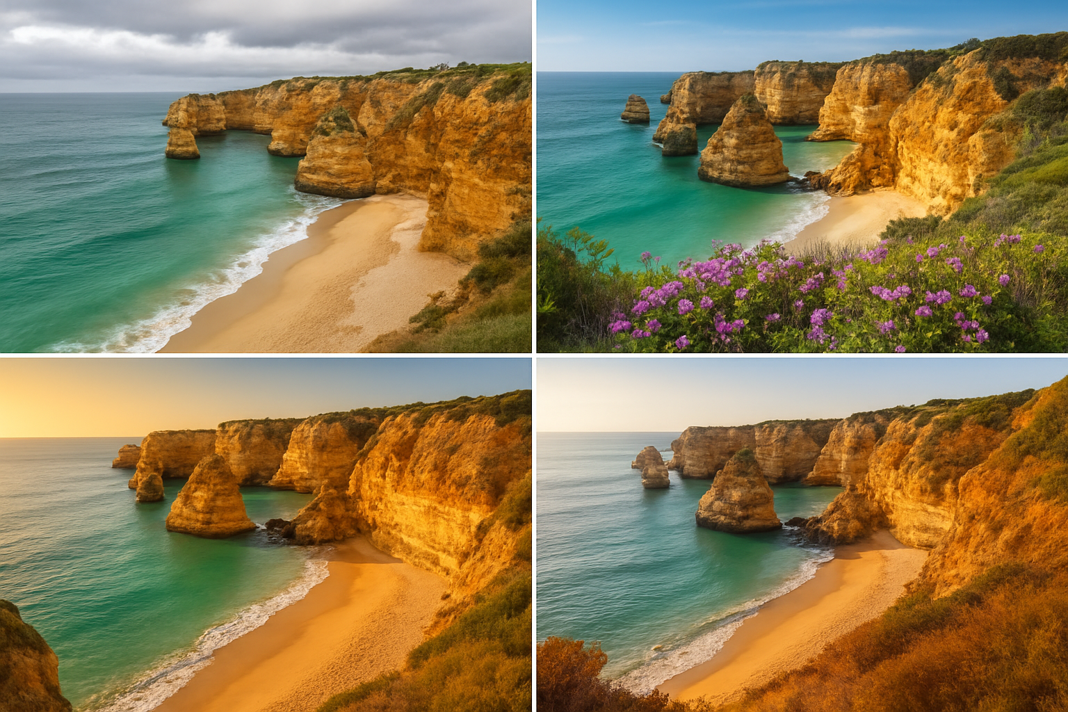Create a realistic image of a four-panel seasonal collage showcasing the Algarve coastline across all four seasons, featuring the same dramatic golden limestone cliffs and turquoise Atlantic waters in each panel — the first panel bathed in soft winter light with moody skies and empty beaches, the second showing vibrant spring wildflowers blooming along coastal cliffs, the third displaying a sun-drenched summer beach with golden hour lighting and crystal-clear water, and the fourth depicting warm autumn tones with a quieter, serene shoreline and gentle surf, all arranged in a visually cohesive grid layout that emphasizes the contrast and beauty of each season. Absolutely NO text should be in the scene.