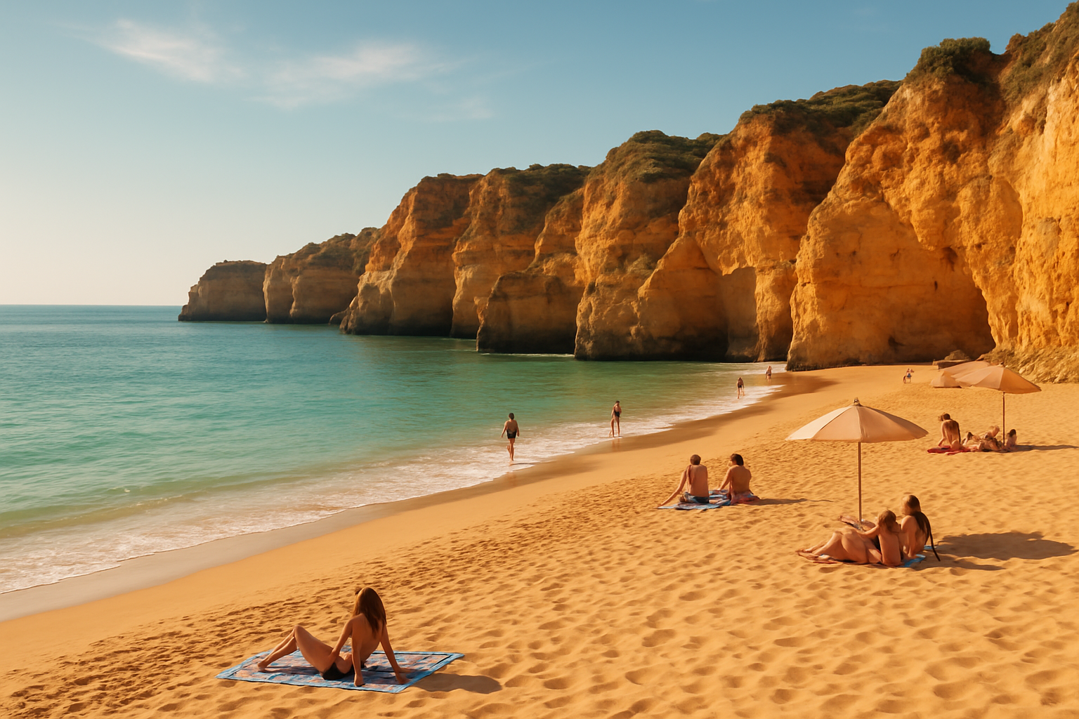 Create a realistic image of a stunning Algarve coastal scene during the ideal late spring or early September period, showing a moderately busy golden sandy beach with calm turquoise waters, dramatic ochre limestone cliffs in the background, warm golden sunlight casting a soft glow over the scene, a few beach umbrellas and relaxed visitors enjoying the pleasant weather without the overwhelming summer crowds, the atmosphere feeling peaceful yet lively, with clear blue skies and gentle waves lapping the shore, capturing the perfect balance of sunshine and comfort that defines the Algarve's sweet spot travel months. Absolutely NO text should be in the scene.