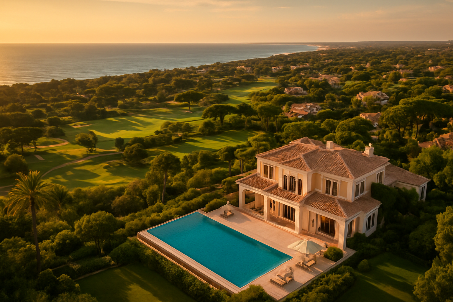Create a realistic image of a stunning aerial view of Quinta do Lago in the Algarve's Golden Triangle, Portugal, showcasing a luxurious villa with a sparkling infinity pool overlooking lush green golf courses and the shimmering blue Atlantic Ocean in the background, bathed in warm golden hour sunlight that creates a sense of exclusivity and aspiration, with manicured gardens and terracotta-roofed properties dotting the landscape, evoking a mood of sophisticated coastal luxury and smart investment, Absolutely NO text should be in the scene.