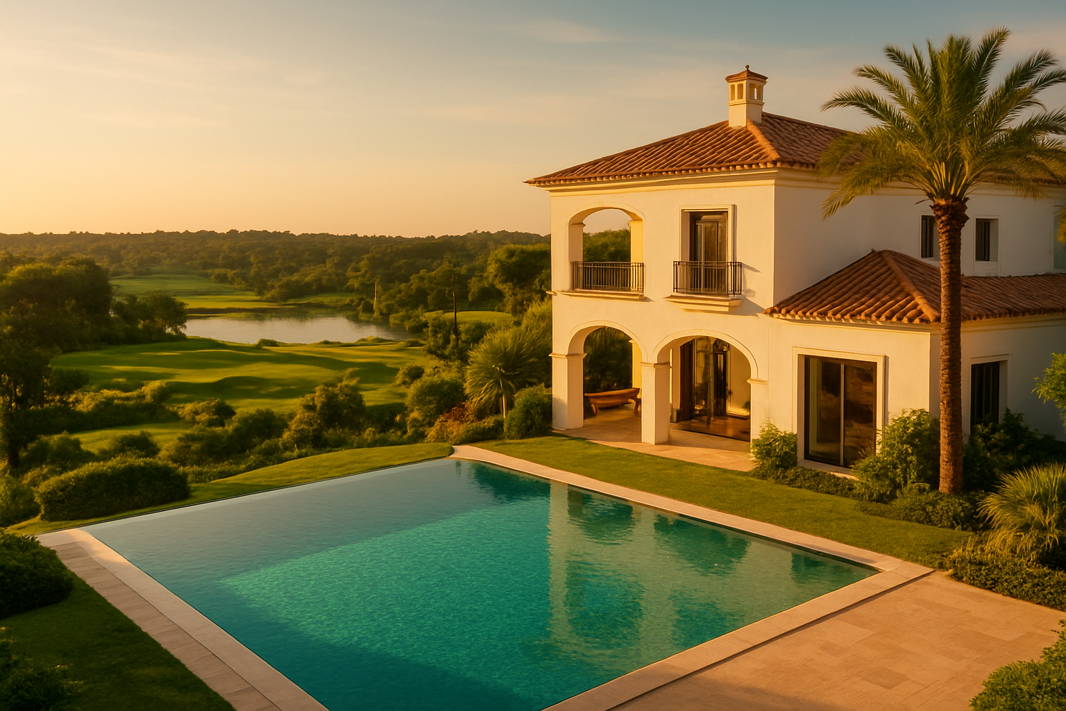 Create a realistic image of a luxurious villa in Quinta do Lago, Algarve, Portugal, with a pristine infinity pool overlooking lush golf course greens and a shimmering lake in the background, bathed in warm golden afternoon sunlight, conveying a sense of exclusivity, prosperity, and smart investment potential, with elegant Mediterranean architecture featuring terracotta roofing and white-washed walls, surrounded by well-manicured gardens and palm trees, the scene exuding an aspirational yet attainable mood of shared luxury ownership, with no people present, shot from a slightly elevated angle to showcase both the property and the stunning Golden Triangle landscape beyond. Absolutely NO text should be in the scene.