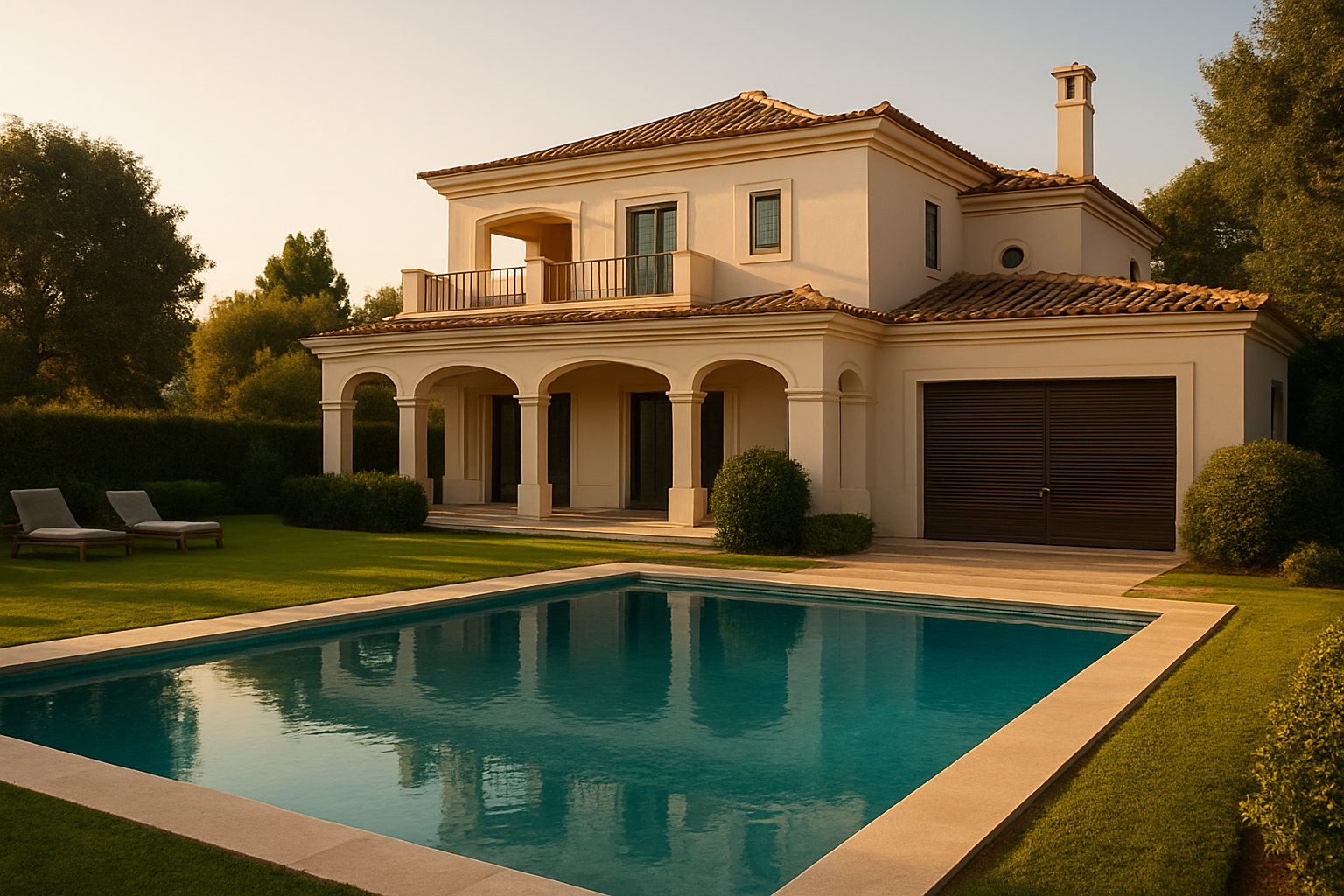 Create a realistic image of a luxurious Quinta do Lago villa with a pristine pool and manicured gardens sitting largely empty and unused, with a subtle visual contrast showing a padlocked gate or closed shutters suggesting underutilization, set against the warm golden light of the Algarve sun, conveying a sense of financial inefficiency and missed opportunity, with a slightly somber yet elegant mood that hints at the high cost of maintaining an idle luxury property. Absolutely NO text should be in the scene.