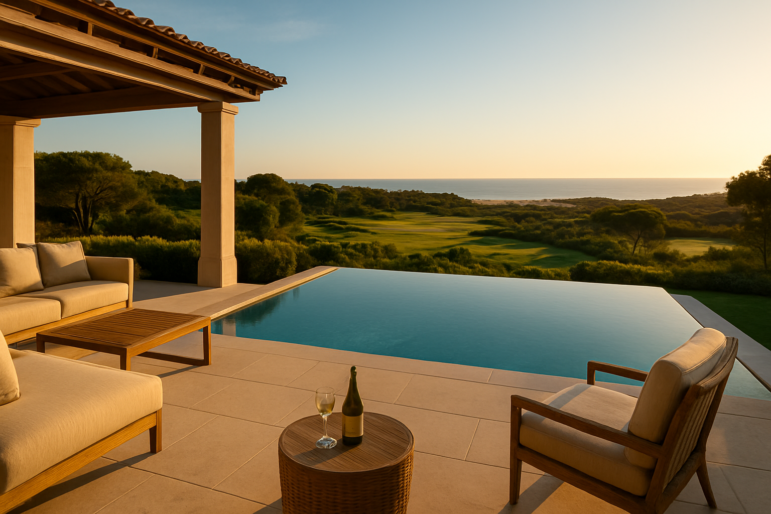 Create a realistic image of a luxurious private villa terrace at Quinta do Lago, Algarve, Portugal, featuring a stunning infinity pool overlooking a lush golf course and golden coastline in the distance, with elegant outdoor lounge furniture, a chilled bottle of wine on a side table, and warm late-afternoon sunlight casting a golden glow across the scene, evoking a sense of exclusive leisure, relaxation, and high-end vacation living, with no people present to emphasize the serene, personal sanctuary atmosphere. Absolutely NO text should be in the scene.