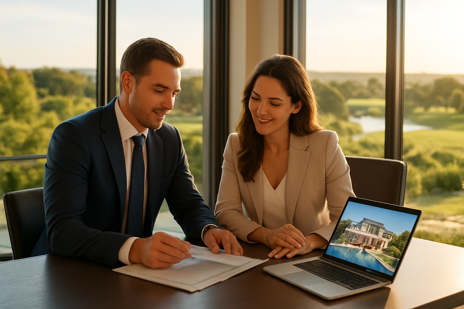 Create a realistic image of a well-dressed white male and white female sitting together at a sleek modern desk in a bright, upscale office or luxury property setting, reviewing documents and a laptop displaying property-related visuals, with a warm and professional atmosphere, large windows in the background revealing a sunny Algarve landscape with lush greenery and a hint of a golf course or waterfront, natural golden sunlight filling the room, conveying a sense of informed decision-making and the beginning of a premium co-ownership real estate journey. Absolutely NO text should be in the scene.