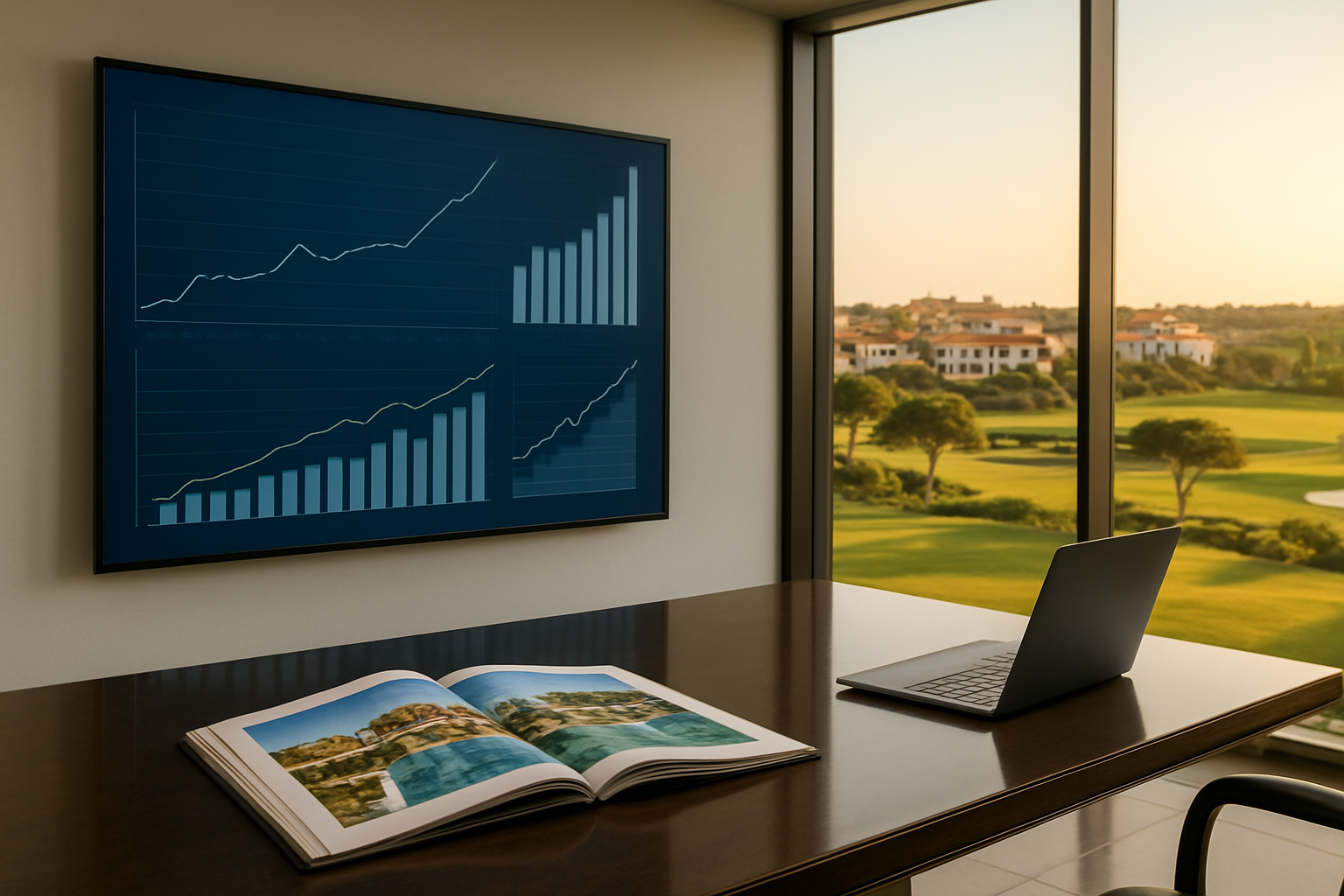 Create a realistic image of a sleek modern real estate office or upscale property consultancy setting in the Algarve, Portugal, featuring a large digital screen or glass wall display showing rising property value graphs and market trend charts for luxury villas, with a polished desk in the foreground holding an open high-end property brochure and a laptop, the background subtly revealing through floor-to-ceiling windows a stunning view of manicured golf courses and terracotta-roofed luxury villas under warm golden afternoon sunlight typical of southern Portugal, the overall mood conveying premium wealth, investment confidence, and market growth, with a clean and professional atmosphere. Absolutely NO text should be in the scene.