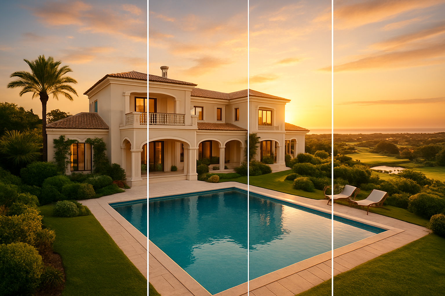 Create a realistic image of a luxurious villa in Quinta do Lago, Algarve, Portugal, with a sparkling private pool in the foreground, surrounded by lush greenery and manicured gardens, with a golden sunset casting warm light over the scene, a split visual concept showing the villa divided into elegant fractional sections symbolizing shared ownership, with the iconic Golden Triangle landscape of golf courses and coastal views visible in the background, conveying exclusivity and smart investment opportunity, photographed in a bright, aspirational, and sophisticated mood. Absolutely NO text should be in the scene.