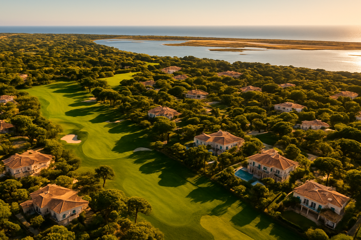 Create a realistic image of a stunning aerial view of Quinta do Lago, Algarve, Portugal, showcasing its luxury golf courses with perfectly manicured fairways in vibrant green, elegant high-end villas with terracotta rooftops nestled among lush pine trees, and the shimmering Ria Formosa lagoon in the background reflecting golden sunlight, the scene bathed in warm, golden afternoon light that emphasizes the exclusivity and prestige of the estate, with the Atlantic Ocean visible on the horizon under a clear blue sky, conveying an atmosphere of opulence, tranquility, and natural beauty. Absolutely NO text should be in the scene.