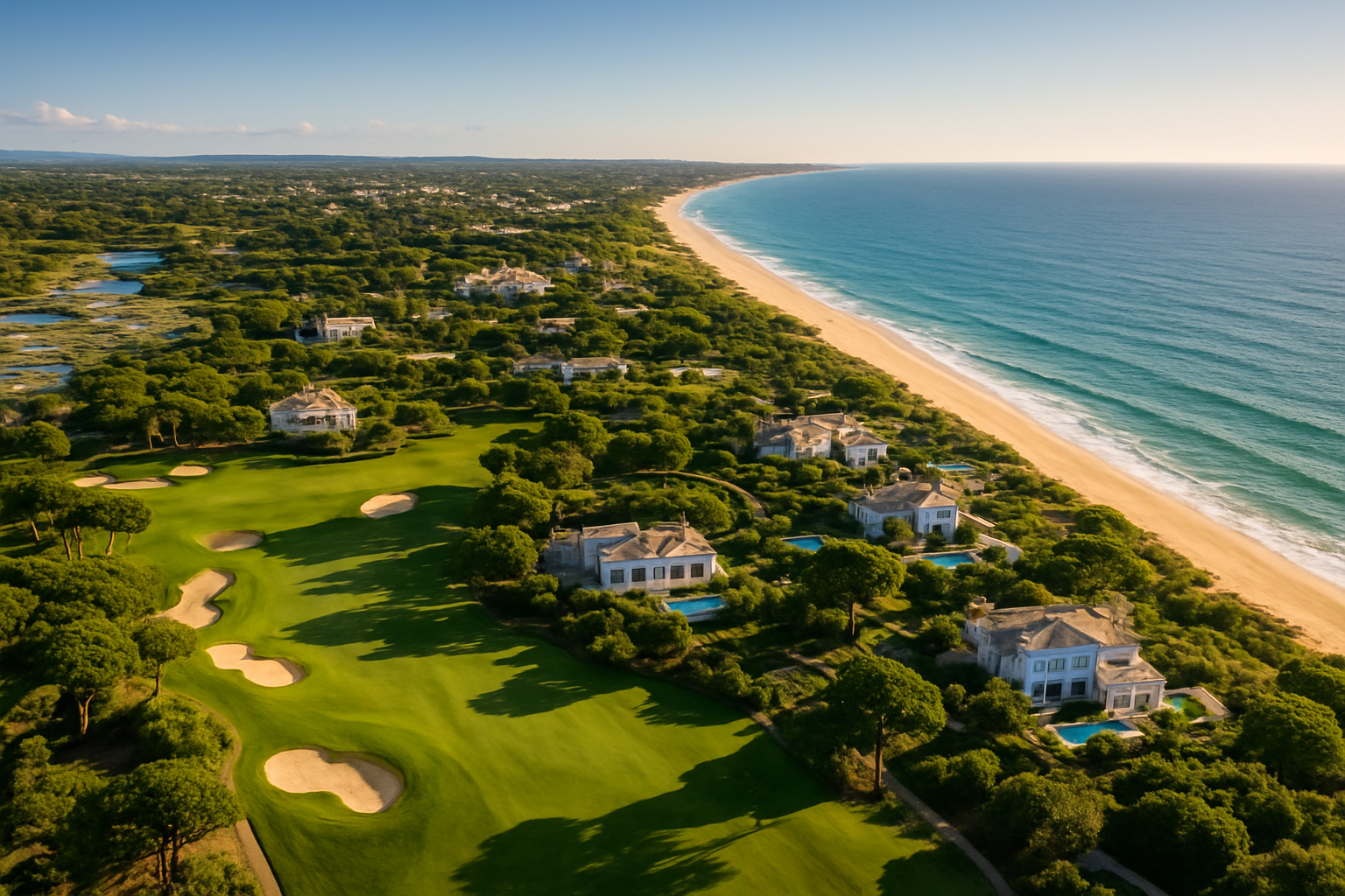 Create a realistic image of a breathtaking aerial view of the Golden Triangle region of the Algarve, Portugal, showcasing the luxurious Quinta do Lago estate with its lush emerald green golf courses, pristine golden sandy beaches, and sparkling turquoise Atlantic Ocean coastline, surrounded by the natural beauty of the Ria Formosa Nature Reserve, with elegant white luxury villas and resort properties nestled among pine trees, bathed in warm golden Mediterranean sunlight under a clear blue sky, conveying an atmosphere of exclusivity, tranquility, and world-class prestige. Absolutely NO text should be in the scene.