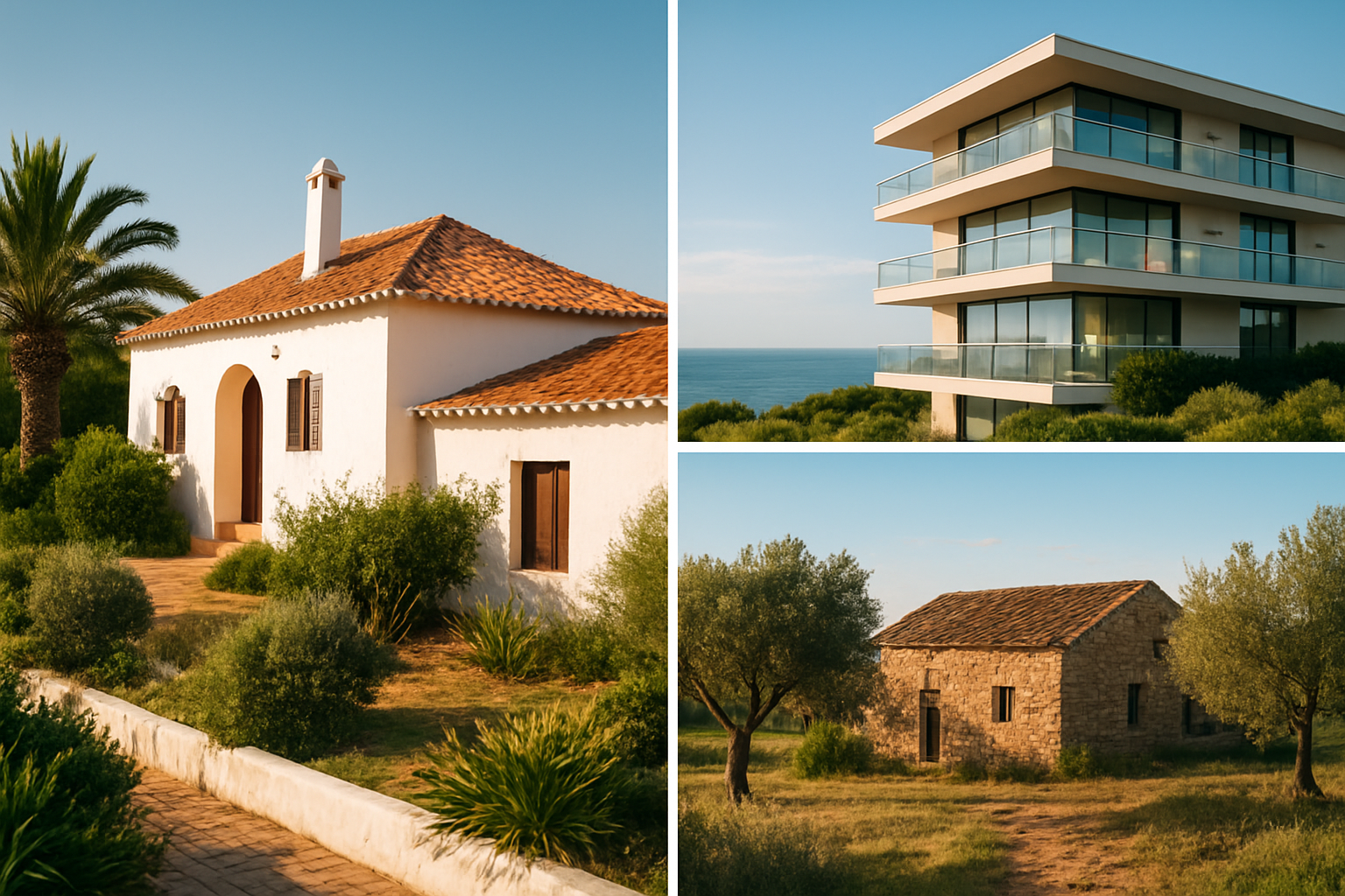 Create a realistic image of a collage-style layout showcasing three distinct types of properties available in the Algarve, Portugal, including a traditional whitewashed villa with terracotta roof tiles, a modern luxury apartment building with glass balconies overlooking the ocean, and a rustic countryside quinta with stone walls surrounded by olive trees, all bathed in warm golden Mediterranean sunlight under a clear blue sky, arranged in a visually balanced composition that highlights the diversity of real estate options, with lush greenery and coastal scenery as complementary background elements, conveying an aspirational and inviting mood. Absolutely NO text should be in the scene.