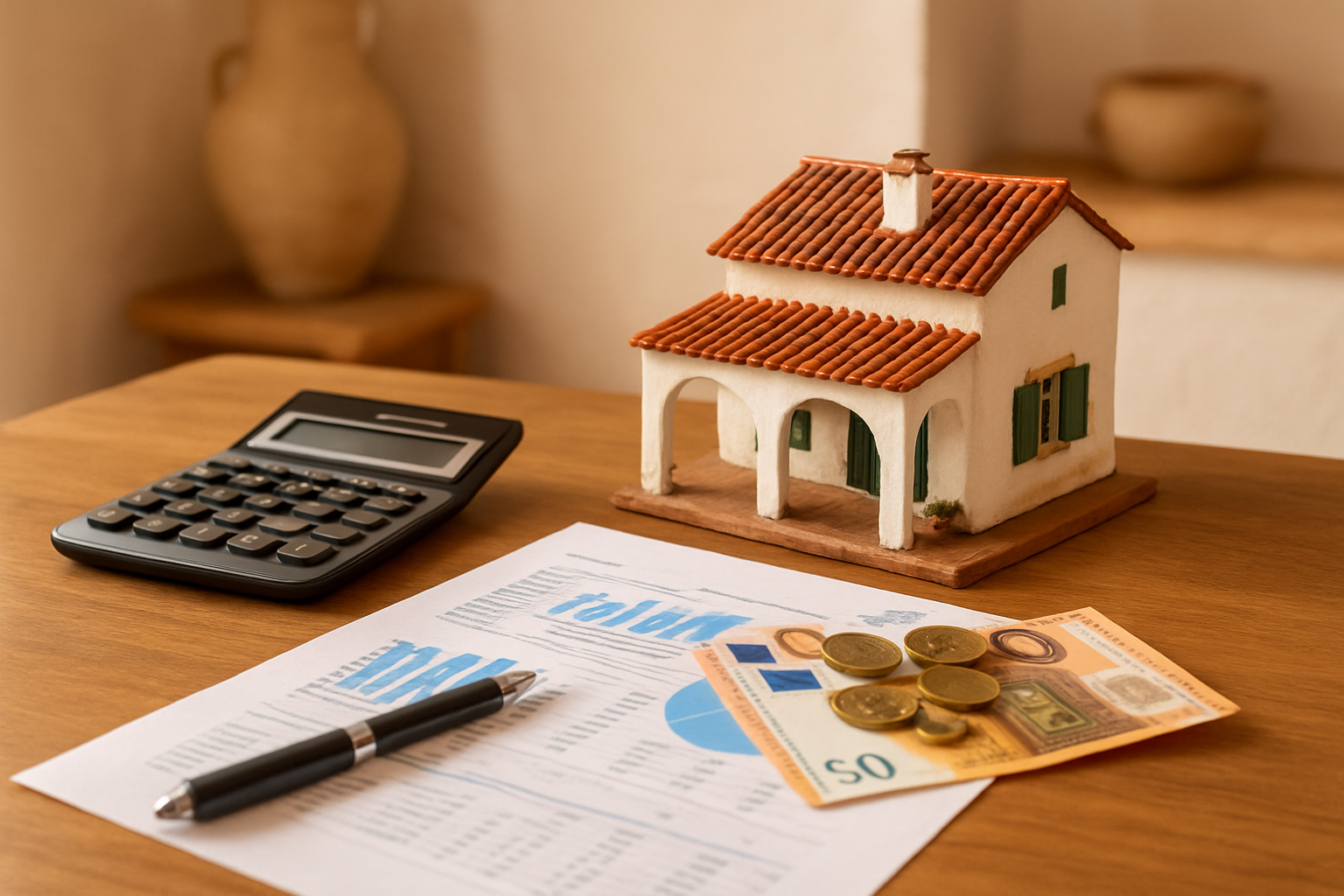 Create a realistic image of a wooden desk with financial documents, a calculator, euro banknotes and coins, a small model of a Portuguese villa, and a pen neatly arranged together, set against a warm, softly lit background suggesting an Algarve-style interior with white walls and subtle Mediterranean decor, conveying a professional yet approachable atmosphere of financial planning for a property purchase. Absolutely NO text should be in the scene.