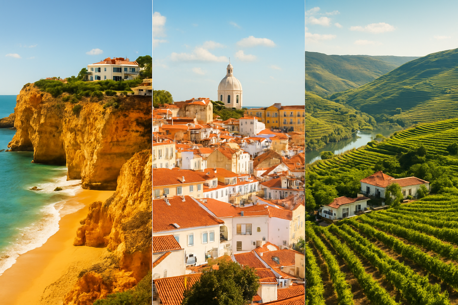 Create a realistic image of a panoramic split-view collage showcasing contrasting Portuguese regional landscapes side by side, featuring the sun-drenched golden cliffs and luxury villas of the Algarve coastline, the historic terracotta rooftops of Lisbon's hilly neighborhoods, and the lush green vineyards of the Douro Valley with traditional quintas, all bathed in warm Mediterranean sunlight with a vibrant and aspirational mood that evokes real estate diversity across Portugal, no people present, clean and visually rich scene. Absolutely NO text should be in the scene.