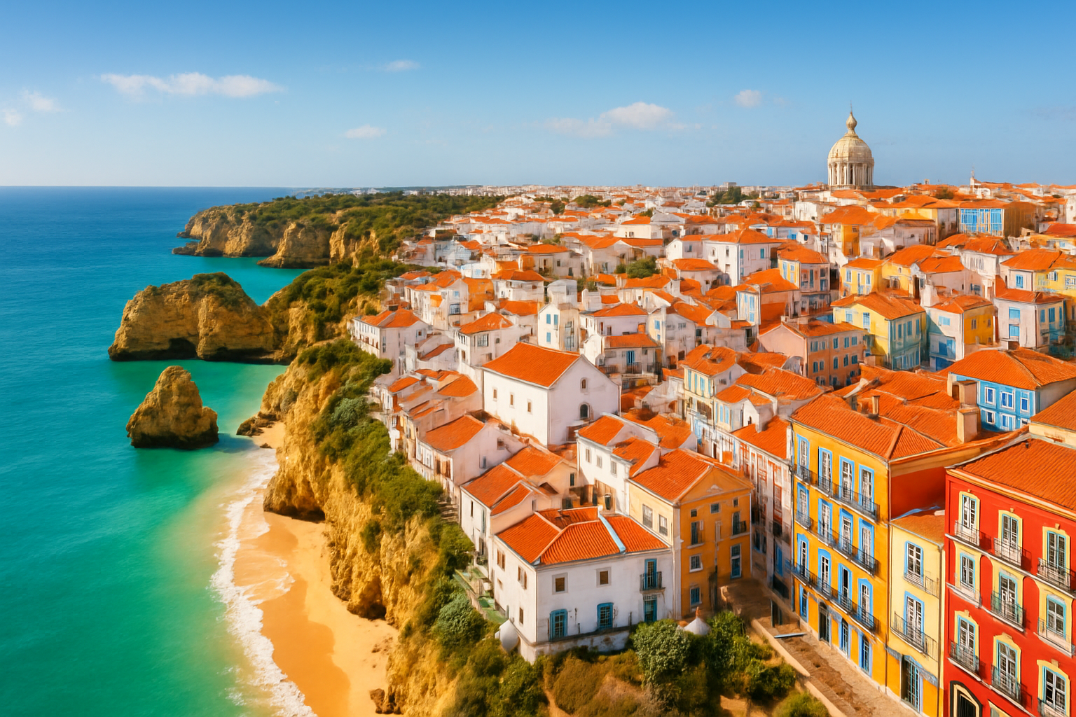 Create a realistic image of a stunning aerial panoramic view showcasing multiple iconic Portuguese coastal and urban landscapes side by side, featuring the golden cliffs and turquoise waters of the Algarve coastline, a charming whitewashed village with terracotta rooftops, and a vibrant Lisbon-style neighborhood with colorful tiled buildings overlooking the sea, bathed in warm Mediterranean sunlight with a bright blue sky, conveying a sense of beauty, opportunity, and desirability as top real estate destinations. Absolutely NO text should be in the scene.