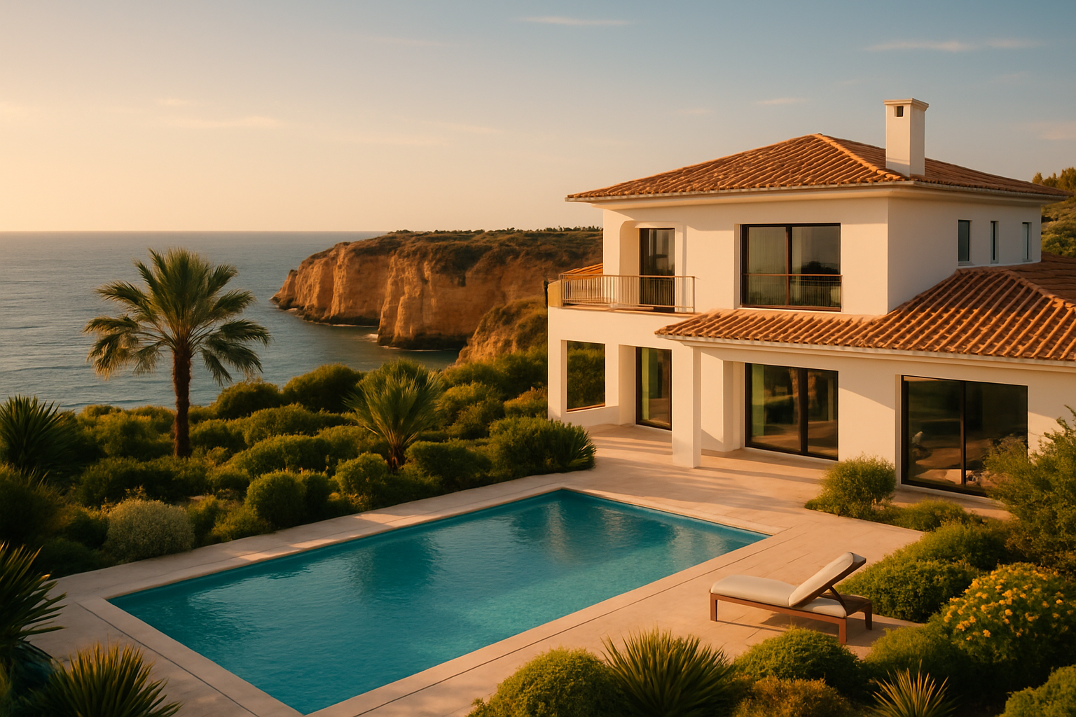 Create a realistic image of a stunning sun-drenched Algarve coastal property with a modern white villa featuring terracotta roof tiles, a sparkling private pool, and lush Mediterranean gardens in the foreground, overlooking dramatic golden limestone cliffs and the deep blue Atlantic Ocean in the background, bathed in warm golden afternoon light that evokes success, opportunity, and relaxed luxury living, with a sense of achievement and new beginnings, conveying the dream of foreign property ownership in Portugal made accessible and attainable. Absolutely NO text should be in the scene.
