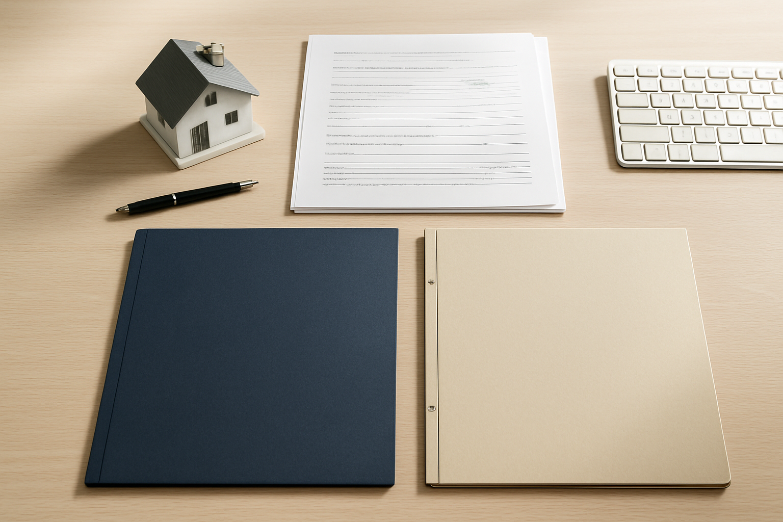 Create a realistic image of a clean, modern office desk viewed from above, featuring a neatly arranged set of legal and financial documents, a small model house, a pen, and two distinct organizational folders side by side symbolizing different ownership structures, set against a light wooden desk surface with soft natural lighting creating a professional and trustworthy atmosphere, with no people present and a minimalist aesthetic that conveys careful financial planning and legal organization. Absolutely NO text should be in the scene.