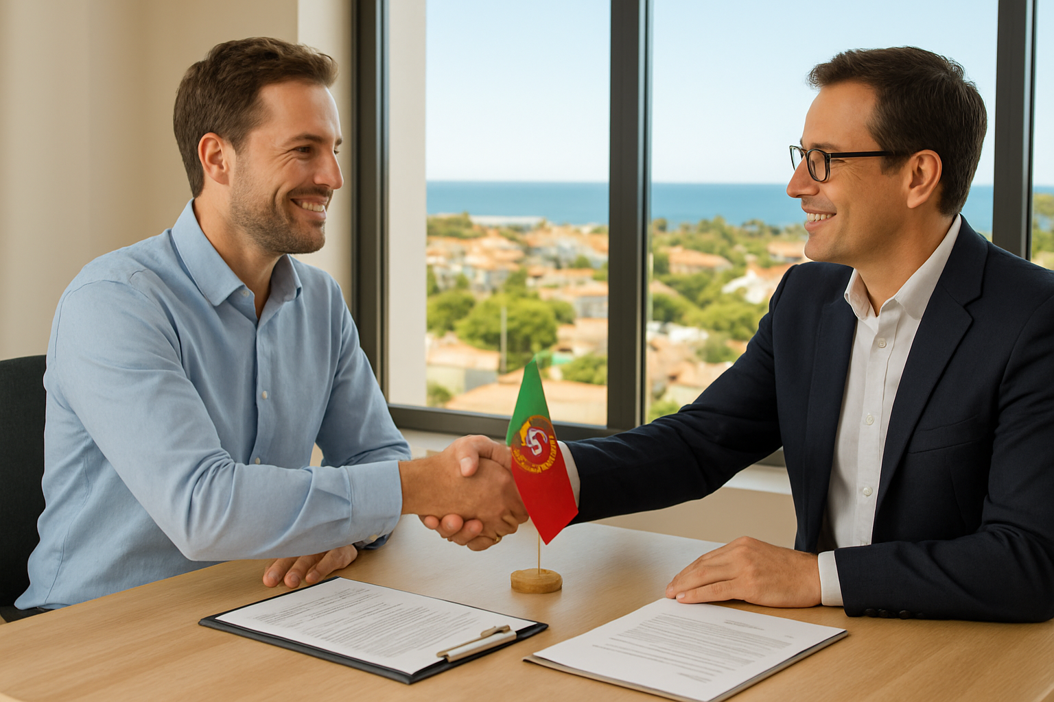 Create a realistic image of a white male foreigner in business casual attire shaking hands with a Portuguese real estate agent across a desk with property documents and a small Portuguese flag visible, set in a bright modern office in the Algarve with large windows showing a sunny coastal Portuguese landscape in the background, conveying a sense of legal agreement and trust, warm and professional lighting. Absolutely NO text should be in the scene.