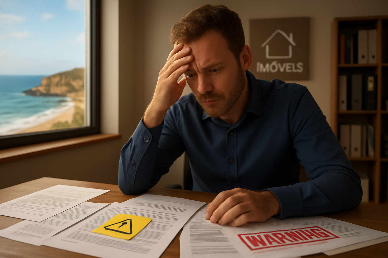Create a realistic image of a stressed white male foreigner sitting at a desk in a modern Portuguese real estate office, surrounded by property documents and contracts, with a cautionary sticky note and a red warning stamp visible on some papers, a blurred Algarve coastal landscape visible through the window in the background, the scene lit with natural daylight mixed with warm office lighting, conveying a sense of caution and complexity in the property buying process, Absolutely NO text should be in the scene.