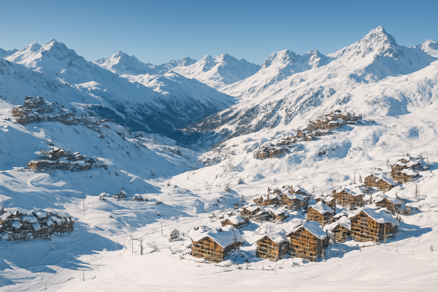Create a realistic image of a panoramic view of multiple iconic French Alps ski resorts spread across a vast mountain landscape, showing contrasting resort villages with chalet-style architecture nestled among snow-covered peaks, with visible ski slopes, gondola lifts, and alpine terrain at different elevations, bathed in bright winter sunlight casting sharp shadows across the snow, conveying a sense of choice and opportunity among world-class mountain destinations, with a warm yet expansive mood that highlights the diversity and grandeur of the alpine scenery. Absolutely NO text should be in the scene.