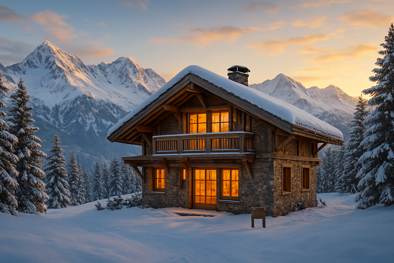 Create a realistic image of a luxurious Alpine chalet exterior at golden hour, nestled in the French Alps with snow-capped mountain peaks stretching across the background, a warm glowing interior light visible through large wooden-framed windows, a for-sale or ownership sign subtly implied by a small elegant placard near the entrance without any text, a pristine snow-covered landscape surrounding the property with pine trees dusted in snow on either side, the scene conveying a sense of achievement, investment success, and alpine lifestyle fulfillment, with soft warm golden and blue tones contrasting the snowy environment and the cozy chalet atmosphere, Absolutely NO text should be in the scene.