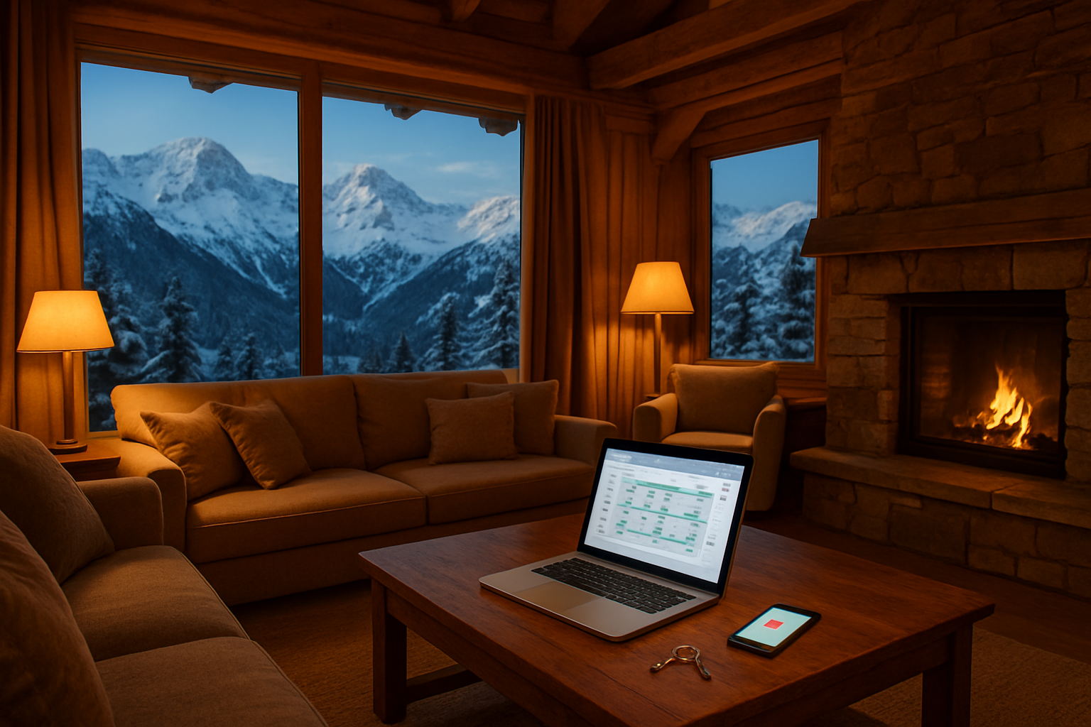 Create a realistic image of a beautifully furnished French Alps chalet interior with large snow-covered mountain views through panoramic windows, showing a cozy living room with warm lighting, a laptop on a wooden coffee table displaying a rental booking calendar, a set of keys placed beside it, and a smartphone showing rental income notifications, evoking a sense of passive income generation from a vacation property, with soft golden interior lighting contrasting against the snowy alpine landscape outside, creating a warm and prosperous atmosphere. Absolutely NO text should be in the scene.