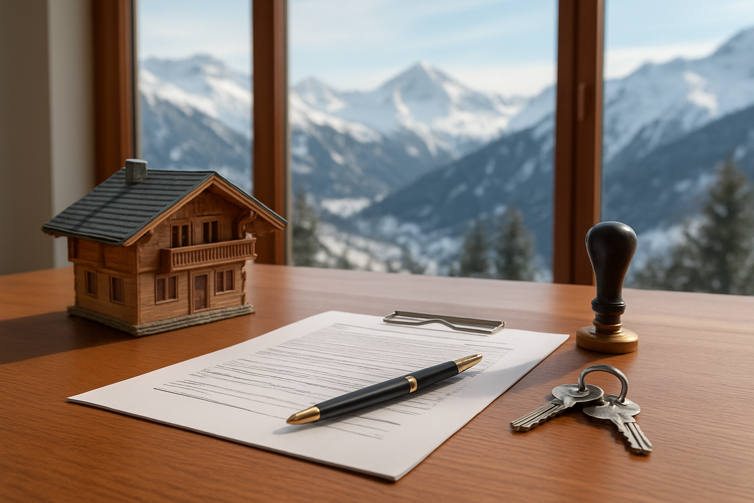 Create a realistic image of a professional real estate transaction scene set in the French Alps, featuring a clean wooden desk with a property purchase agreement, a small model chalet, a set of house keys, and a French notary stamp or seal, with large windows in the background revealing a breathtaking snowy Alpine mountain landscape under soft natural daylight, conveying a sense of trust, elegance, and professional guidance in a warm and welcoming office environment. Absolutely NO text should be in the scene.