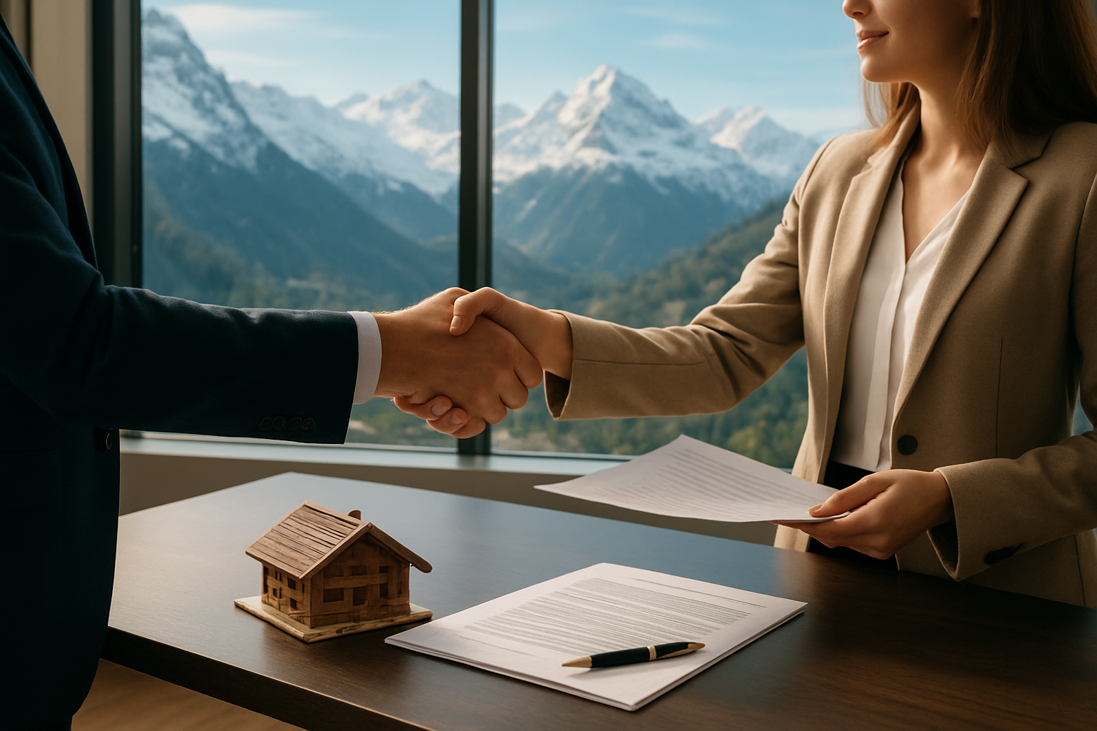 Create a realistic image of a handshake between two people, a white male in a business suit and a white female in professional attire, exchanging documents over a sleek modern desk, with a large window in the background showcasing a breathtaking snow-capped French Alps mountain landscape, a small decorative model of a chalet placed on the desk alongside a pen and neatly arranged property paperwork, the scene bathed in warm, natural daylight streaming through the window, conveying a sense of successful real estate transaction and confidence, with a clean and professional atmosphere. Absolutely NO text should be in the scene.