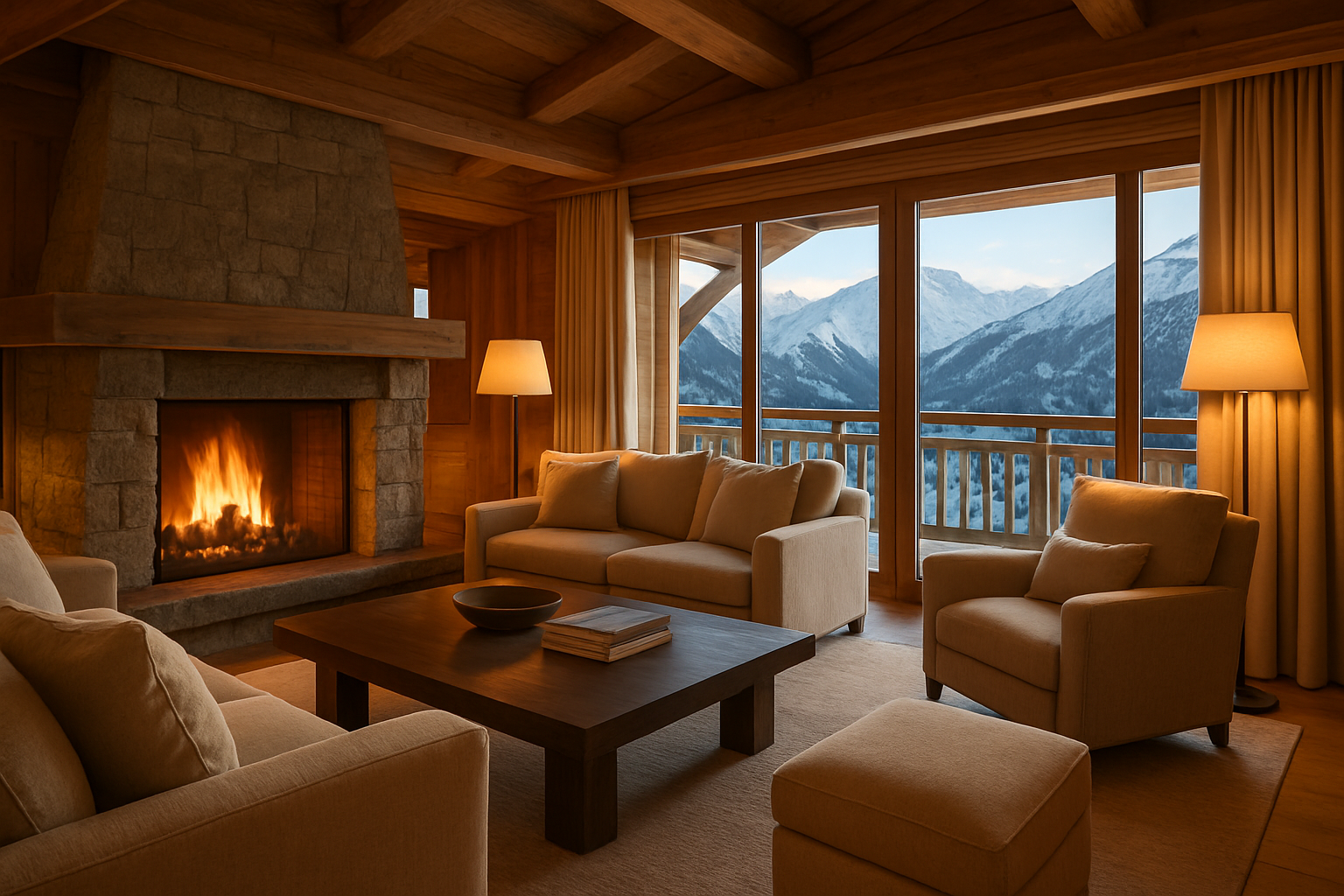 Create a realistic image of a pristine, well-maintained luxury chalet interior in the French Alps, featuring a cozy living room with warm ambient lighting, plush furnishings, a crackling fireplace, and floor-to-ceiling windows revealing a stunning snowy mountain view outside, the space looking immaculate and perfectly organized as if professionally managed, with a sense of effortless elegance and tranquility, soft golden light filling the room creating a stress-free and welcoming atmosphere, no clutter or personal items visible, embodying the idea of a perfectly cared-for vacation property. Absolutely NO text should be in the scene.