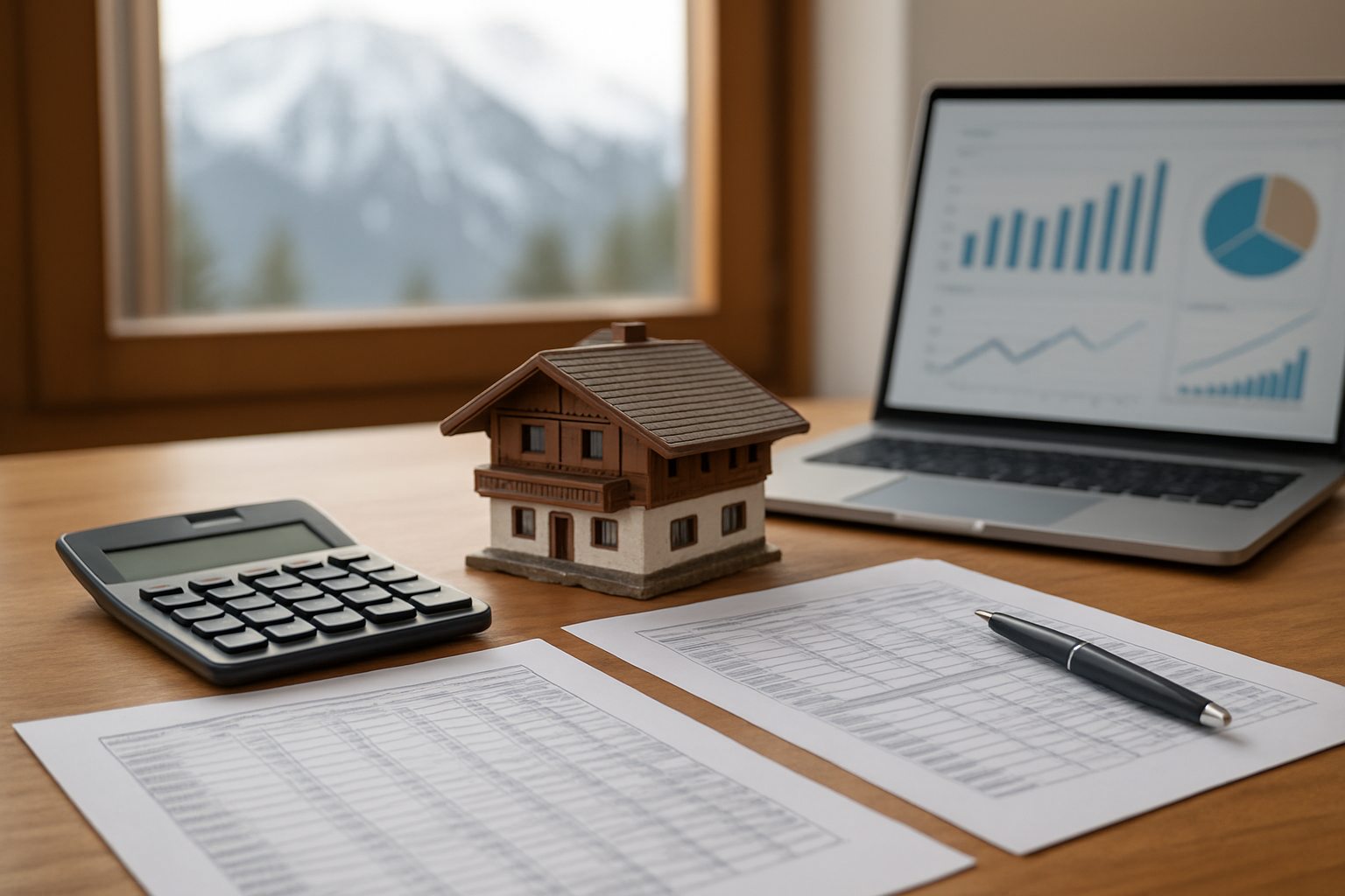 Create a realistic image of a organized financial planning workspace featuring a wooden desk with neatly arranged documents showing budget spreadsheets, a calculator, a pen, and a small model of an Alpine chalet, with a laptop displaying charts and graphs in the background, soft natural light coming through a window with a blurred snowy mountain view, conveying a professional yet approachable financial planning mood, Absolutely NO text should be in the scene.