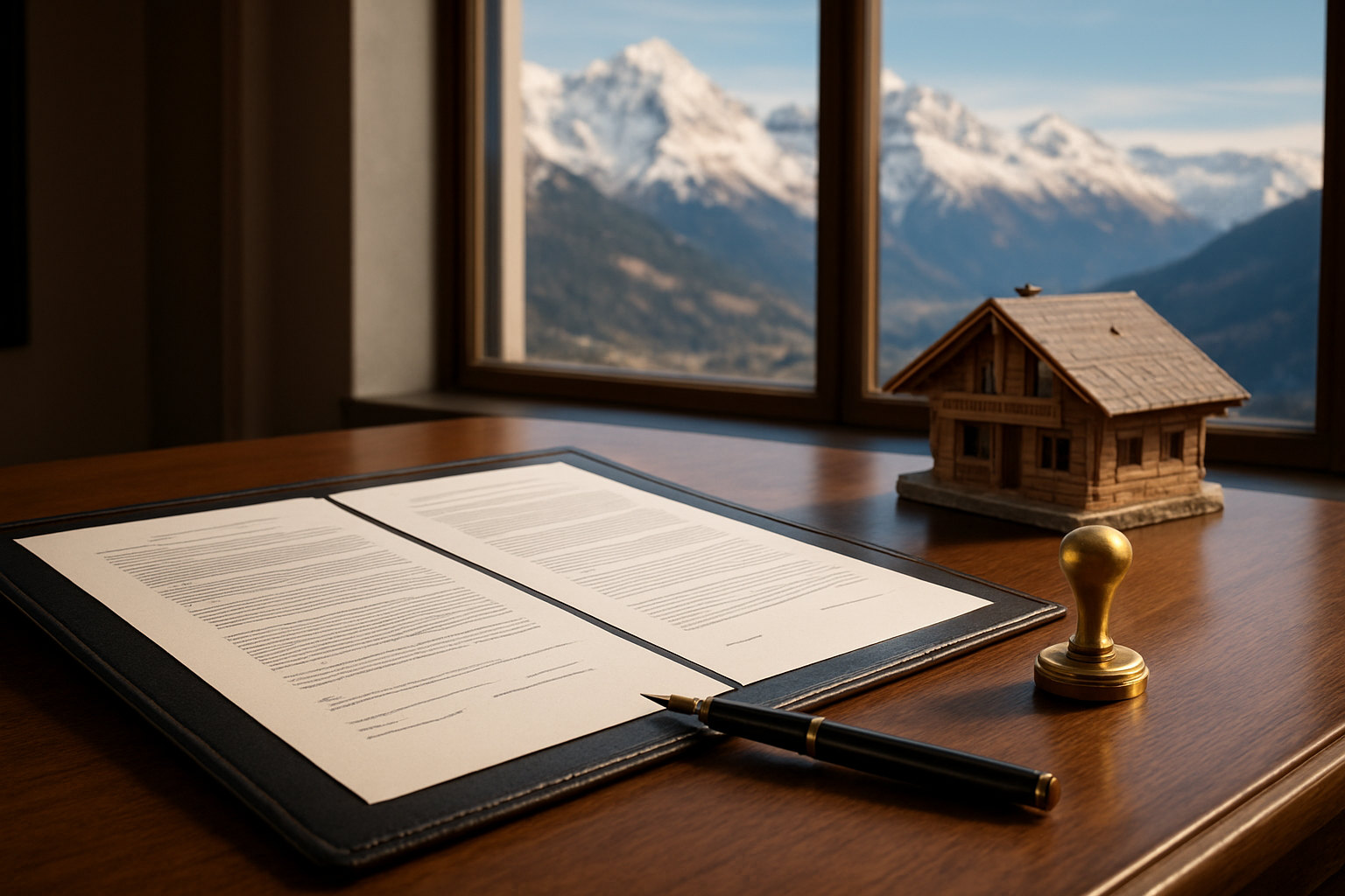 Create a realistic image of a professional legal document portfolio open on a sleek wooden desk, displaying official-looking co-ownership property contracts and structured legal papers, accompanied by a small model of a chalet or alpine property, a fountain pen, and a golden seal or stamp symbolizing legal protection, with the majestic snow-capped French Alps visible through a large window in the background, the scene bathed in warm, confident lighting that evokes trust, security, and investment stability. Absolutely NO text should be in the scene.