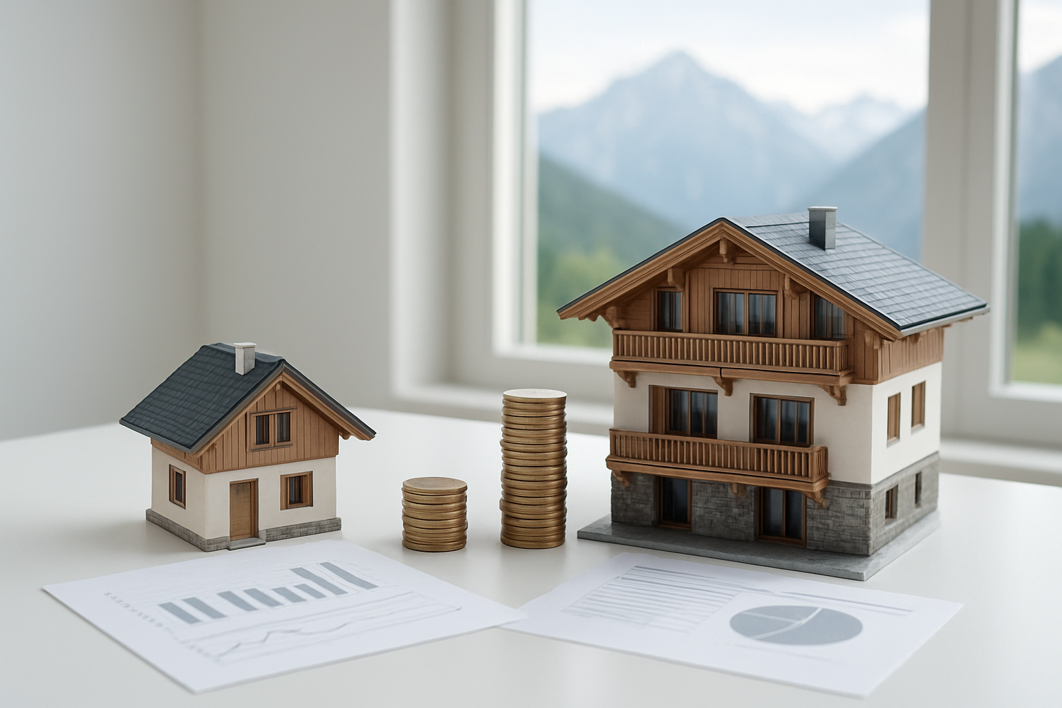 Create a realistic image of a clean, modern financial comparison concept showing two distinct sides: on the left, a small elegant chalet property model or miniature Alpine house representing a fraction or share, and on the right, a full-sized luxurious Alpine chalet model, both placed on a sleek white surface with a subtle mountain landscape visible through a large window in the background, soft natural daylight illuminating the scene, with stacks of coins and simple budget documents or financial charts arranged neatly beside each property model to visually contrast affordability versus full investment cost, the overall mood being professional, clear, and informative with a crisp Alpine aesthetic. Absolutely NO text should be in the scene.