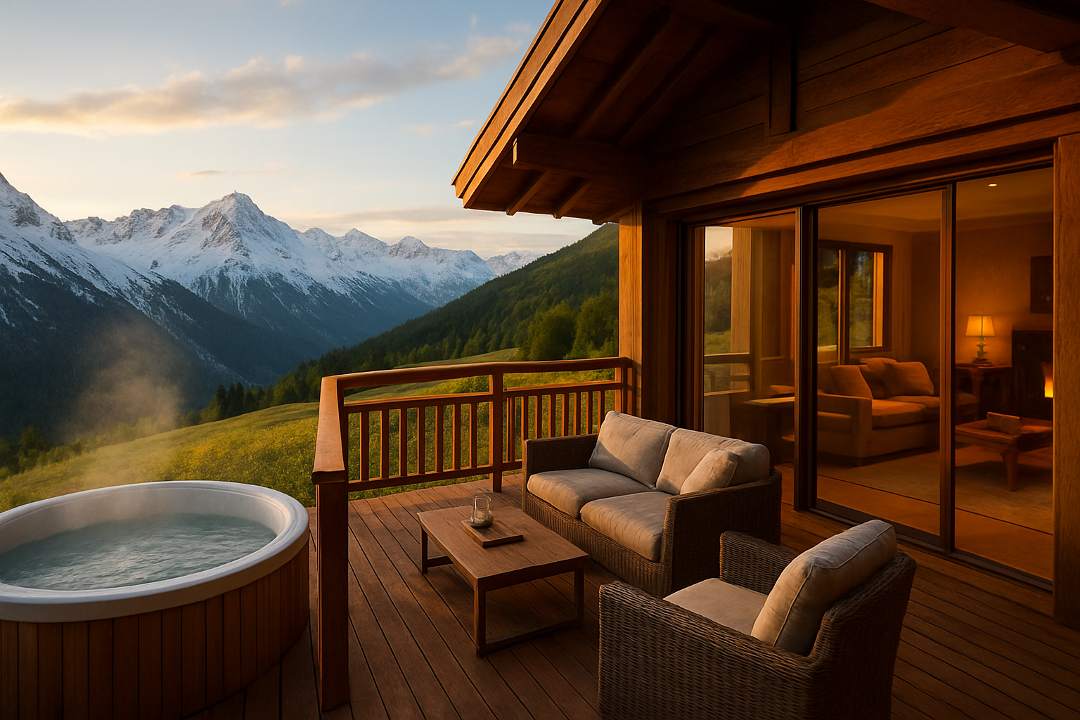 Create a realistic image of a stunning year-round Alpine lifestyle scene in the French Alps, showing a luxurious chalet balcony overlooking dramatic snow-capped mountain peaks in winter on one side and lush green summer meadows with wildflowers on the other, with a warm and inviting interior visible through large glass doors, a wooden deck featuring comfortable outdoor furniture, a steaming hot tub, and a glass of wine on the railing, bathed in golden hour light that highlights both the cozy alpine atmosphere and the breathtaking mountain landscape, conveying a sense of exclusive leisure and seasonal versatility. Absolutely NO text should be in the scene.