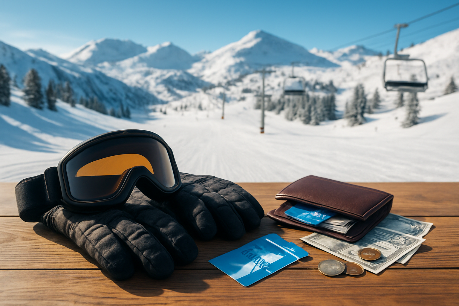 Create a realistic image of a ski resort overview scene featuring a wooden table in the foreground with ski gear including gloves, goggles, and a lift pass alongside a wallet with credit cards and scattered dollar bills and coins, with a panoramic snowy mountain ski slope and ski lifts visible in the soft blurred background under clear blue skies, the scene bathed in bright natural winter sunlight creating a crisp and inviting yet financially contemplative atmosphere, Absolutely NO text should be in the scene.