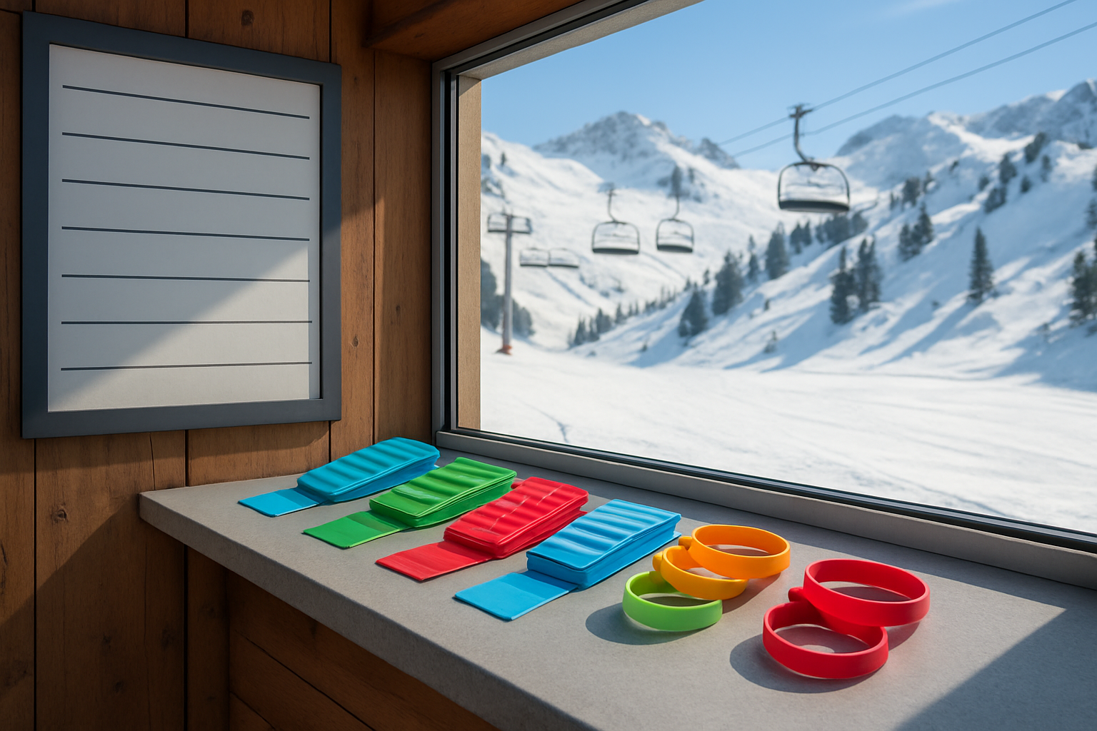 Create a realistic image of a ski resort ticket window or booth at the base of a snowy mountain, with colorful lift pass cards and wristbands displayed on the counter, a price board visible but without any readable text or numbers, set against a bright winter backdrop with ski lifts and snow-covered slopes in the distance, soft natural daylight creating a clean and inviting atmosphere, conveying the experience of purchasing ski access at a modern mountain resort. Absolutely NO text should be in the scene.