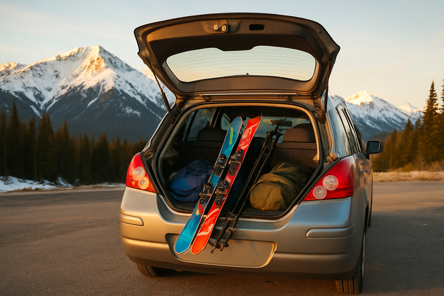 Create a realistic image of a packed car trunk filled with ski gear including skis, poles, and duffel bags, with a snowy mountain visible in the background, the scene set on a budget-friendly road trip with a simple economy car parked at a mountain base area, warm morning light casting a golden glow over the snow-capped peaks, conveying a sense of adventure and smart travel planning, Absolutely NO text should be in the scene.