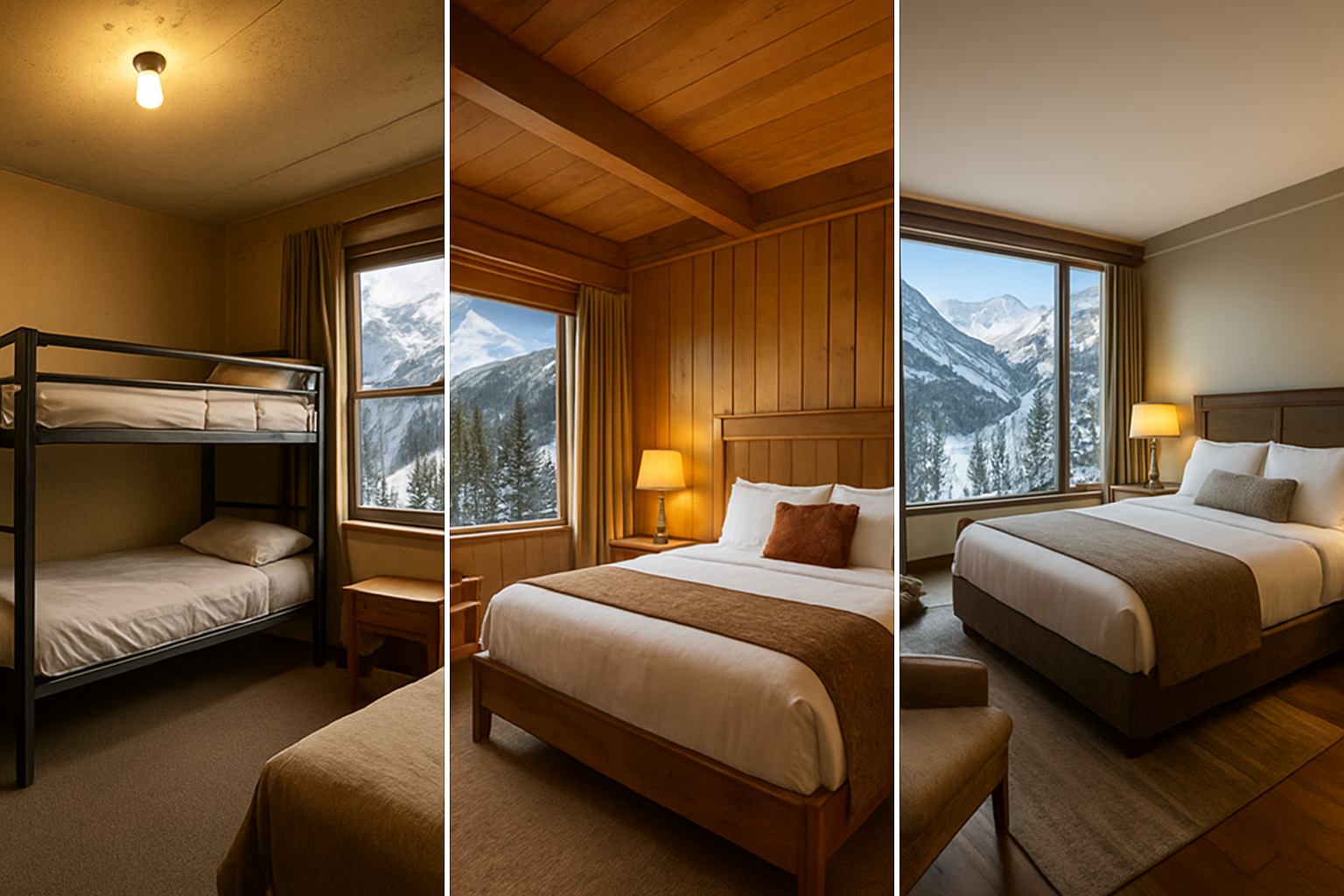 Create a realistic image of a side-by-side visual comparison of three different ski resort accommodation options representing different budget levels, showing a rustic budget hostel dorm room with bunk beds on the left, a cozy mid-range ski lodge room with warm wooden interiors and mountain views in the middle, and a luxurious ski-in ski-out chalet suite with premium furnishings and floor-to-ceiling snowy mountain views on the right, all bathed in warm inviting interior lighting with a cold snowy mountain backdrop visible through the windows, conveying the full spectrum of lodging choices available at a ski destination. Absolutely NO text should be in the scene.