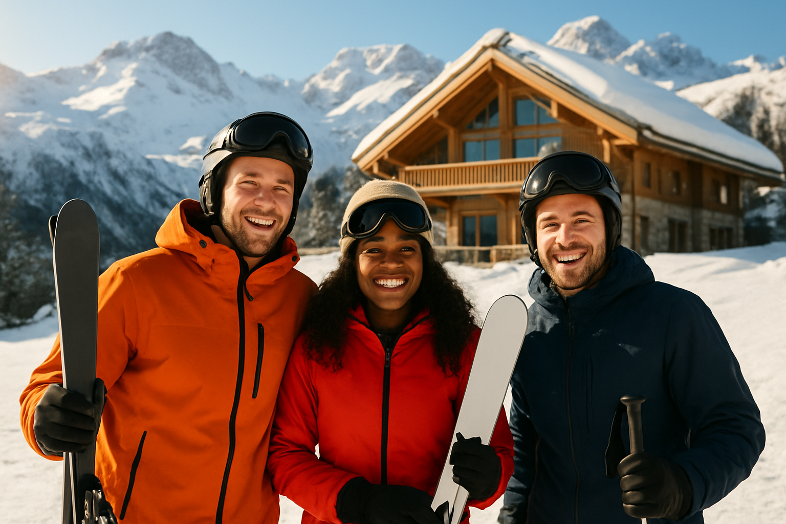 Create a realistic image of a group of two white male and one black female friends celebrating together on a sunny ski slope, holding ski equipment and smiling, with a luxurious ski chalet visible in the background surrounded by snow-covered mountains, conveying a sense of shared ownership and joy, bright natural winter daylight casting warm highlights on the snow, with a welcoming and prosperous atmosphere that suggests smart financial partnership and premium ski access. Absolutely NO text should be in the scene.