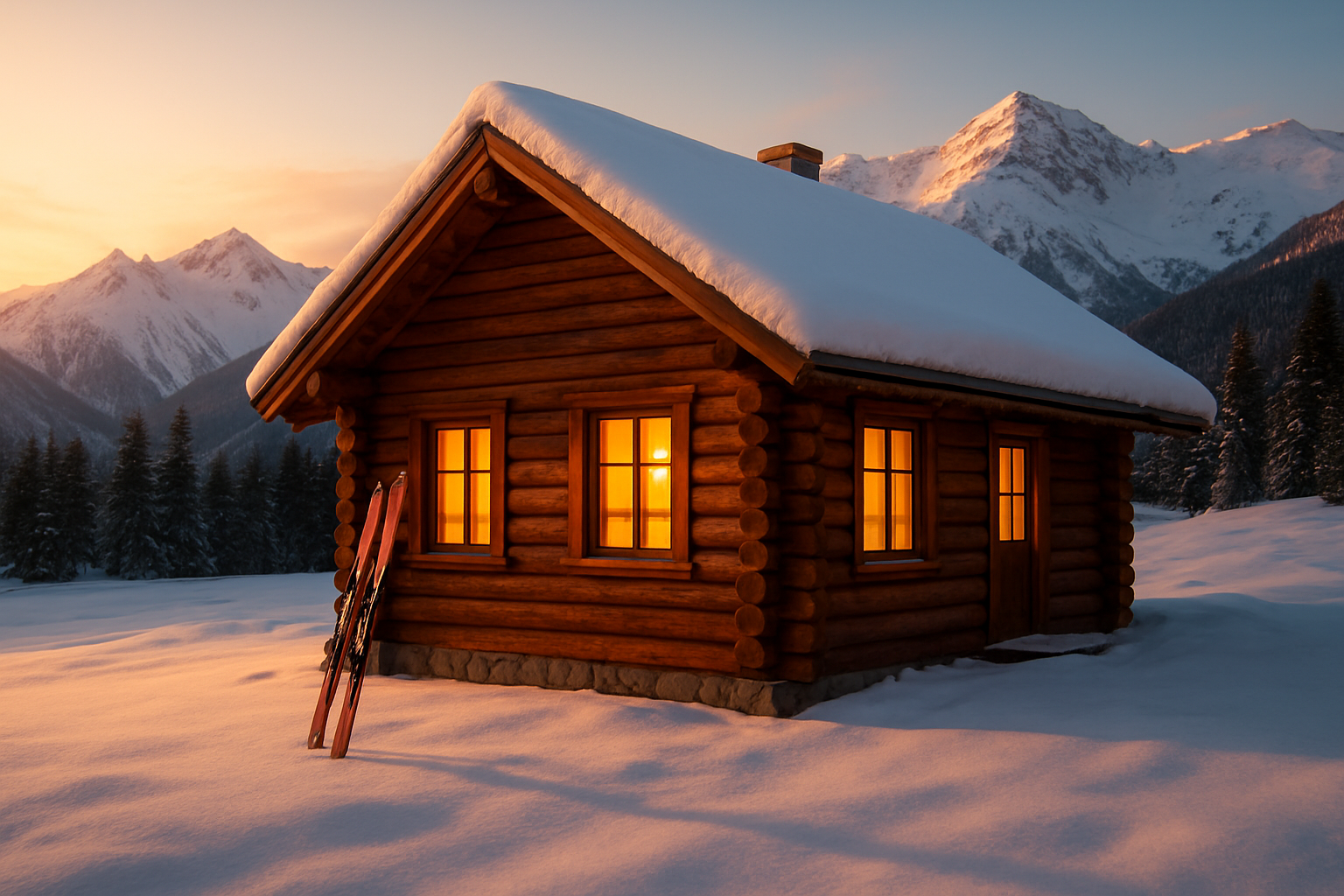 Create a realistic image of a cozy mountain ski lodge exterior at golden hour, with snow-covered peaks in the background, a pair of skis leaning against a wooden wall, and warm inviting light glowing from the windows, conveying a sense of smart planning and relaxed enjoyment of a ski vacation, with a serene and accomplished mood suggesting value and satisfaction, soft warm sunlight casting long shadows on fresh white snow, Absolutely NO text should be in the scene.