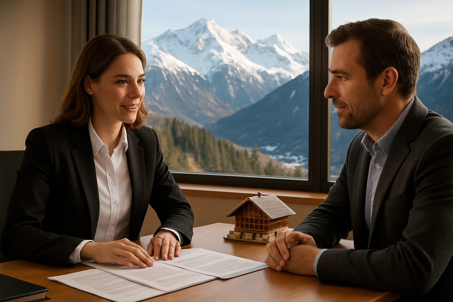 Create a realistic image of a professional meeting scene set against a backdrop of snow-capped French Alps mountains visible through a large window, featuring a white female lawyer or notary in business attire sitting across a desk from a white male foreign buyer, with documents, a property contract, and a small model chalet on the desk between them, the atmosphere conveying trust and careful due diligence, warm indoor lighting contrasting with the bright alpine scenery outside, creating a mood of security and professional guidance. Absolutely NO text should be in the scene.
