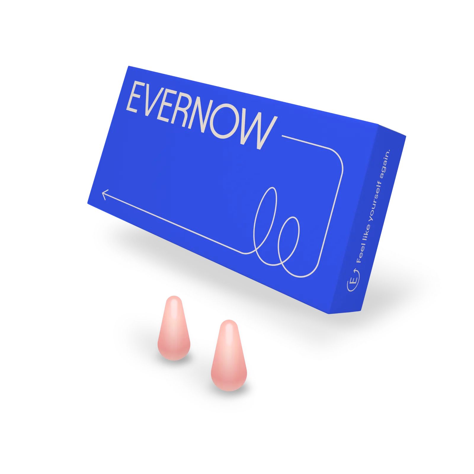 Blue Evernow product box with logo and two pink earplug-shaped vaginal tablets in front.
