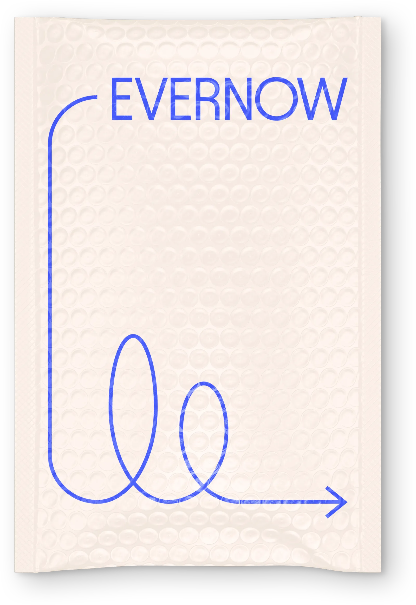 Pale putty color bubble mailer with blue text 'EVERNOW' and a looping arrow design on the front.