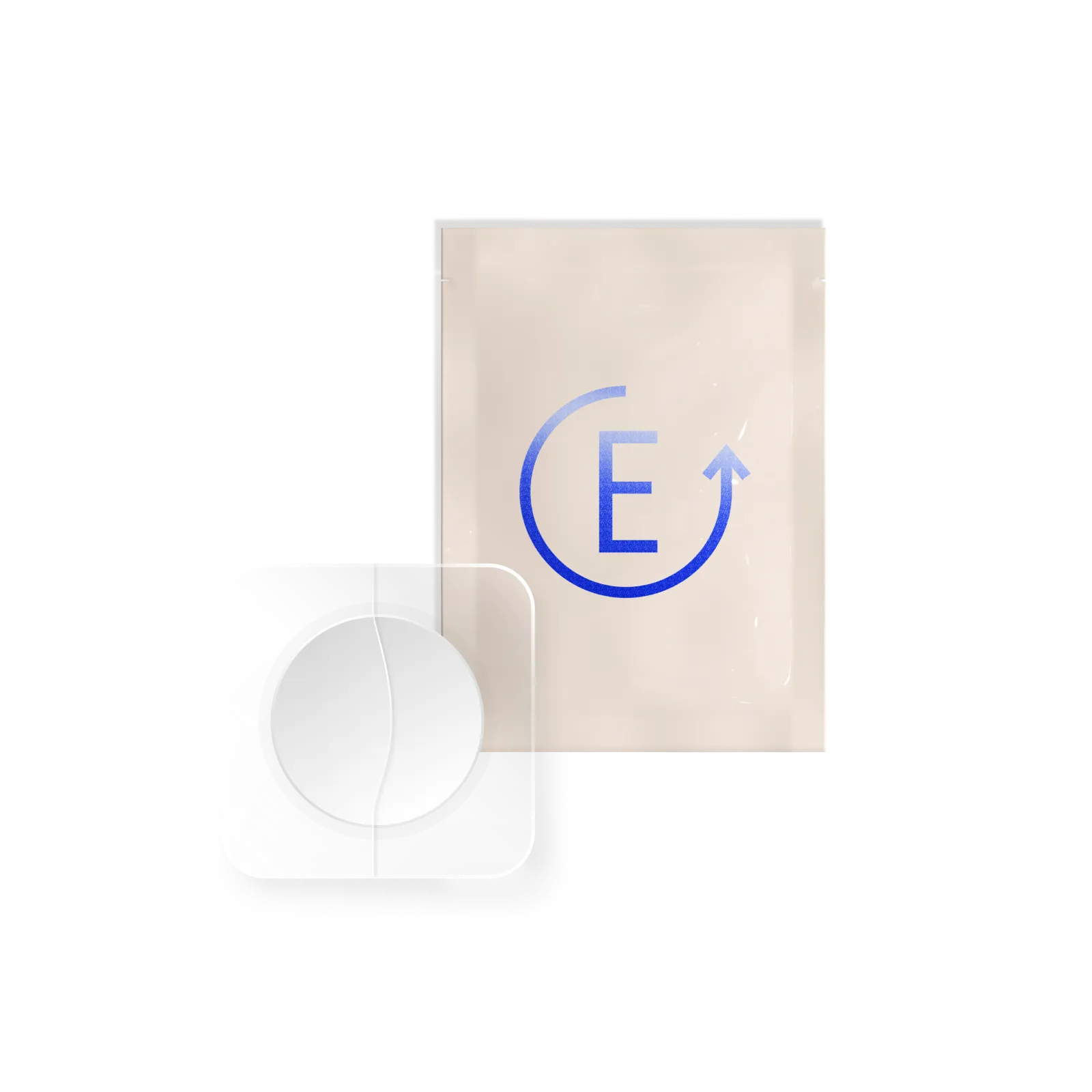 Estradiol patch with putty color packaging featuring a blue circular arrow and E logo.