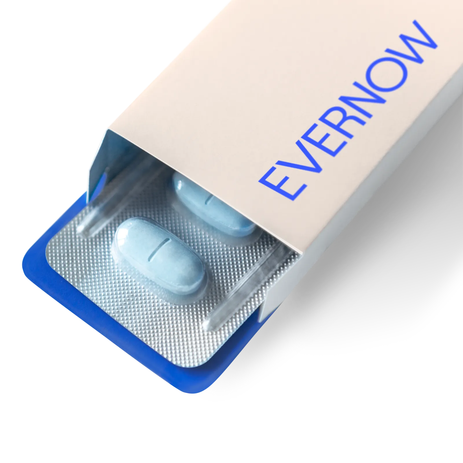 Blister pack with two light blue oblong pills partially pulled out of putty and blue Evernow branded box.